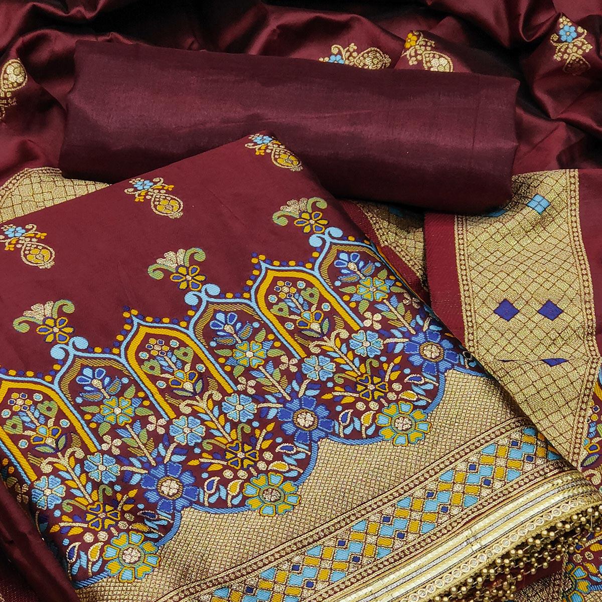 Maroon Festive Wear Floral Woven Banarasi Silk Jacquard Dress Material - Peachmode