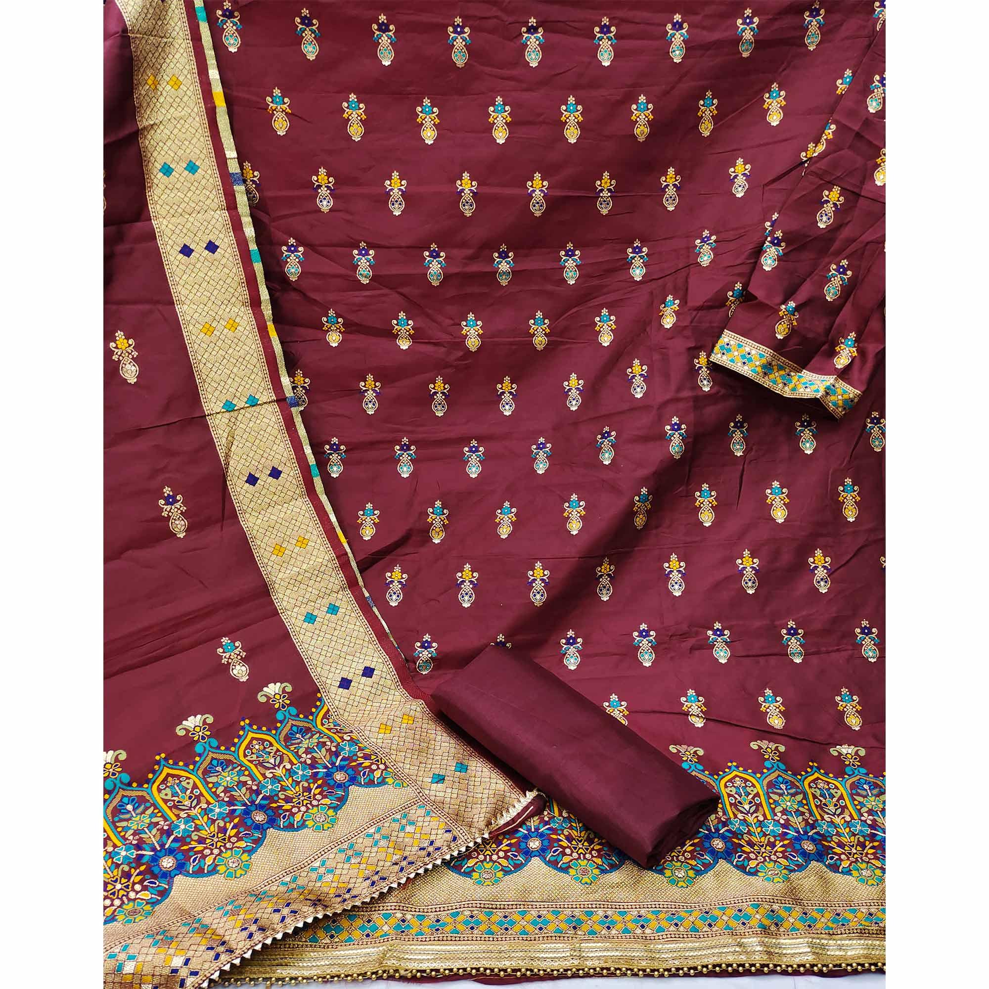 Maroon Festive Wear Floral Woven Banarasi Silk Jacquard Dress Material - Peachmode