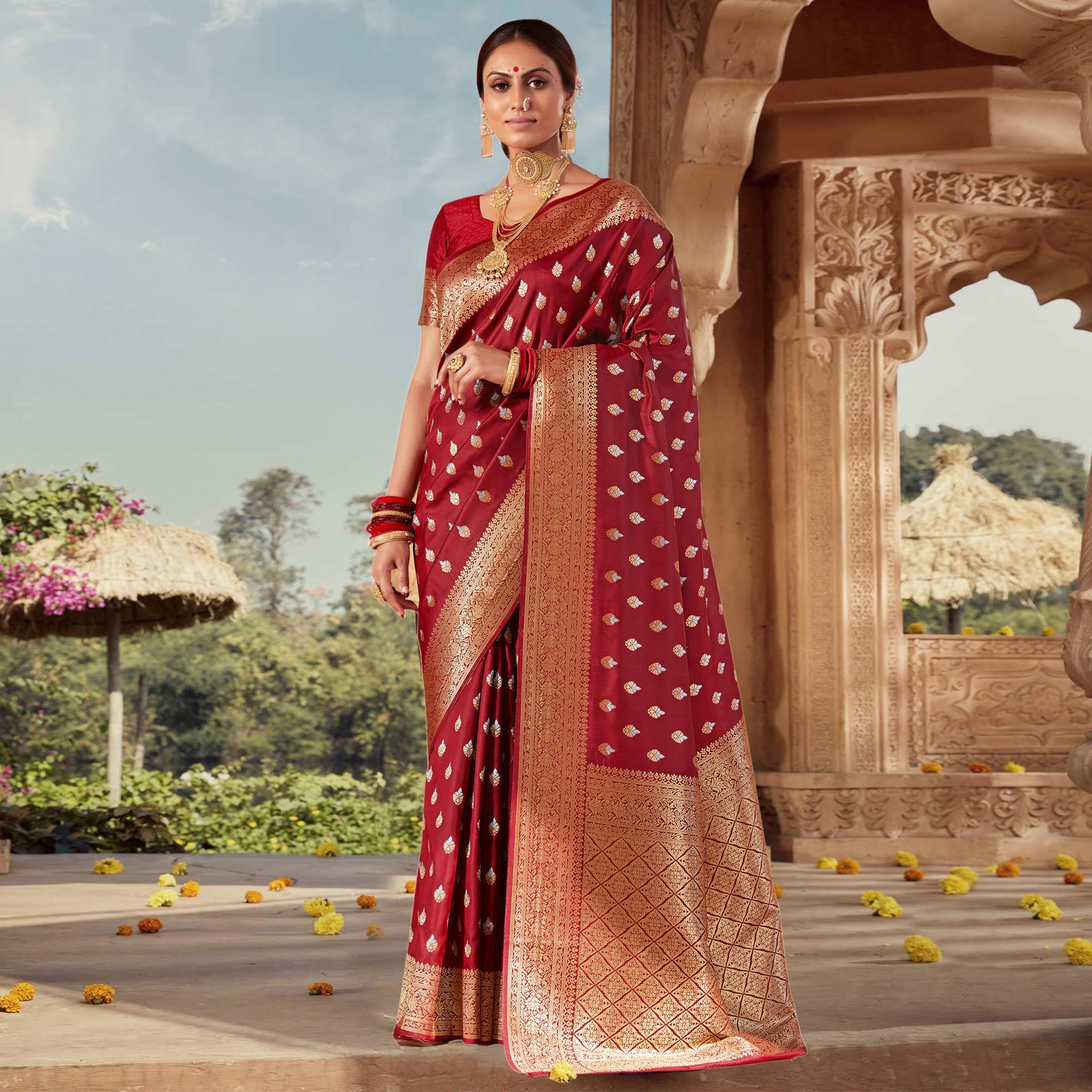 Maroon Festive Wear Floral Woven Banarasi Silk Saree - Peachmode
