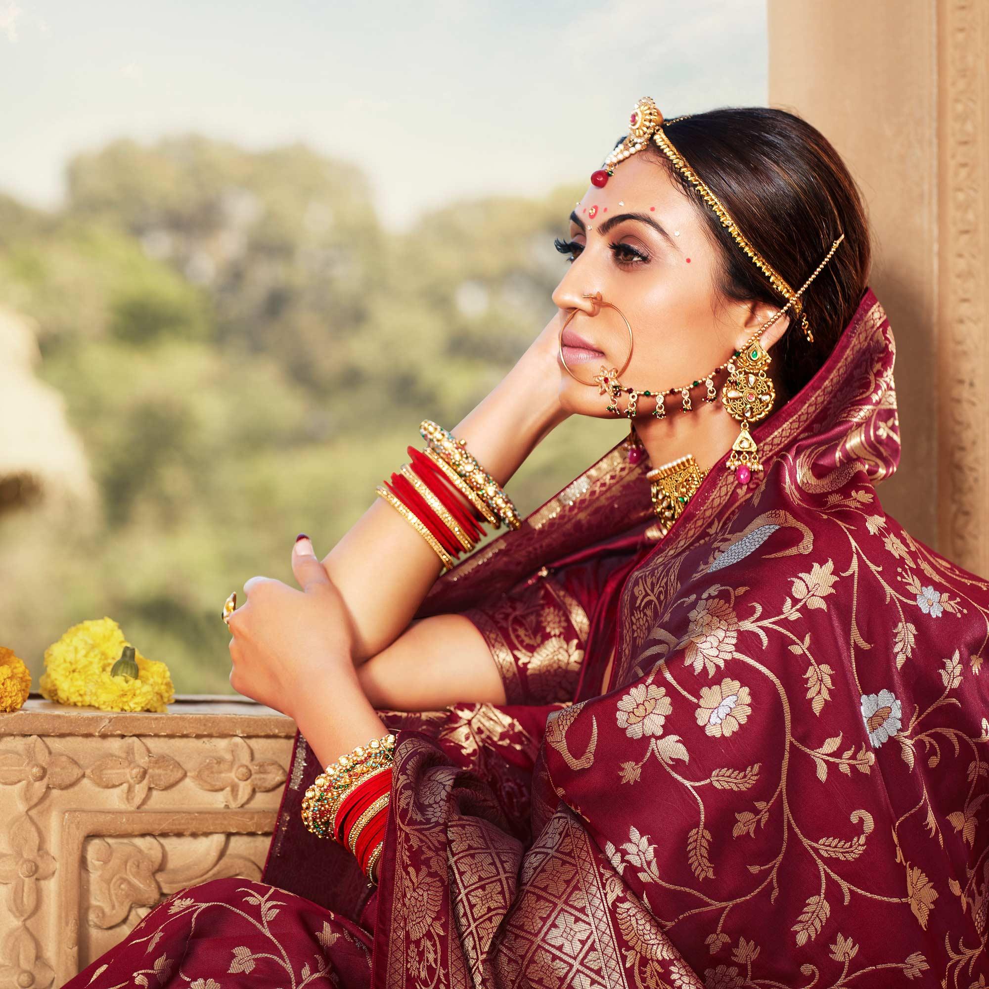Maroon Festive Wear Floral Woven Banarasi Silk Saree - Peachmode