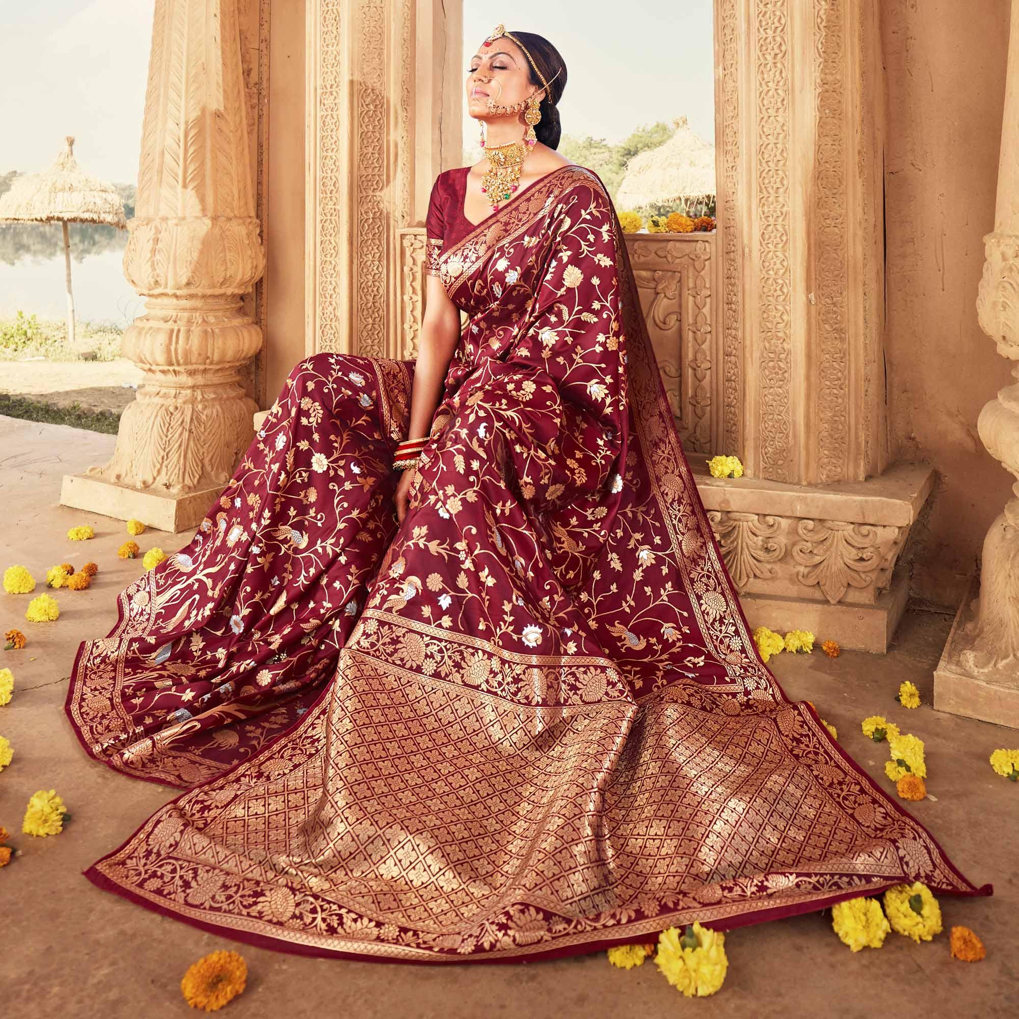 Maroon Festive Wear Floral Woven Banarasi Silk Saree - Peachmode