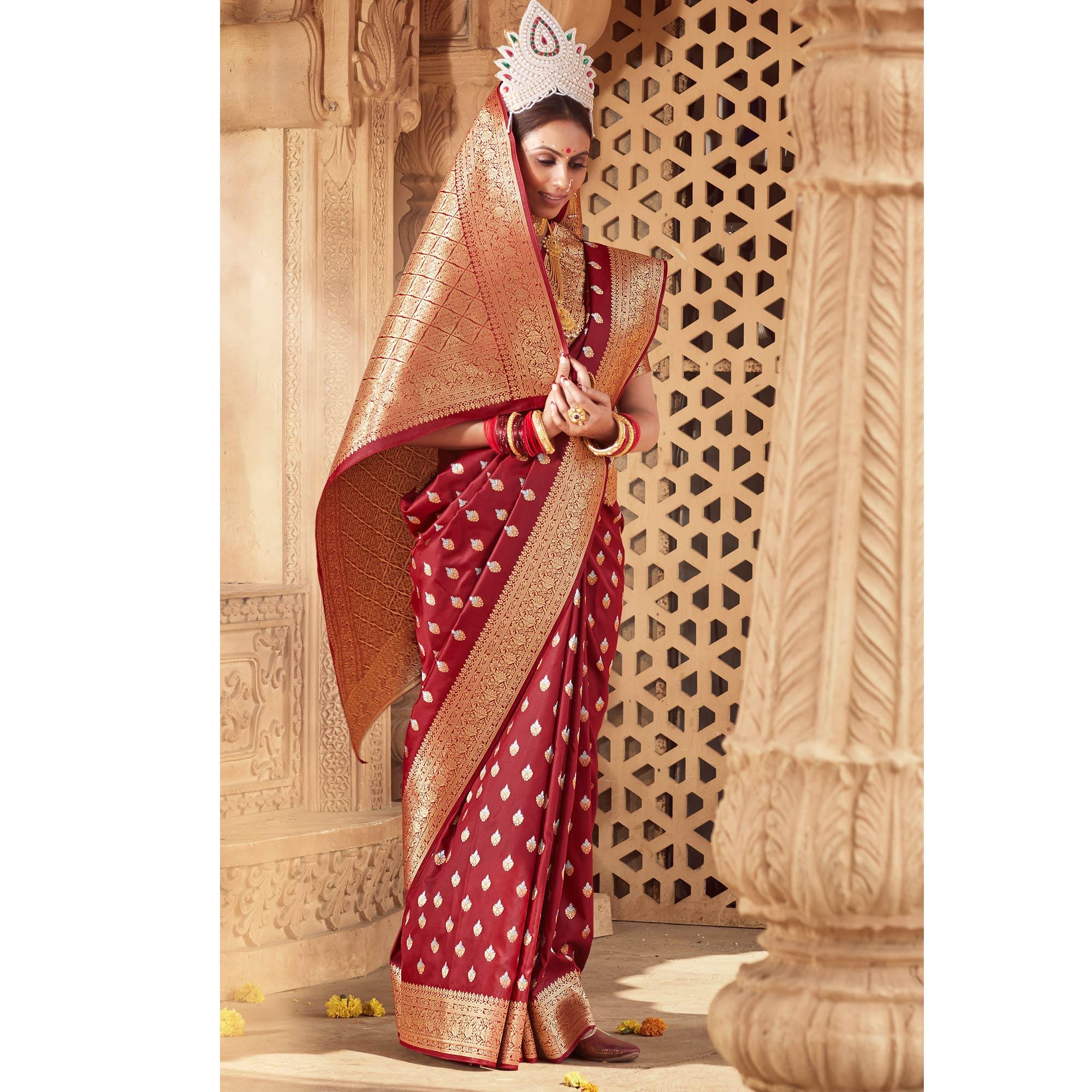 Maroon Festive Wear Floral Woven Banarasi Silk Saree - Peachmode