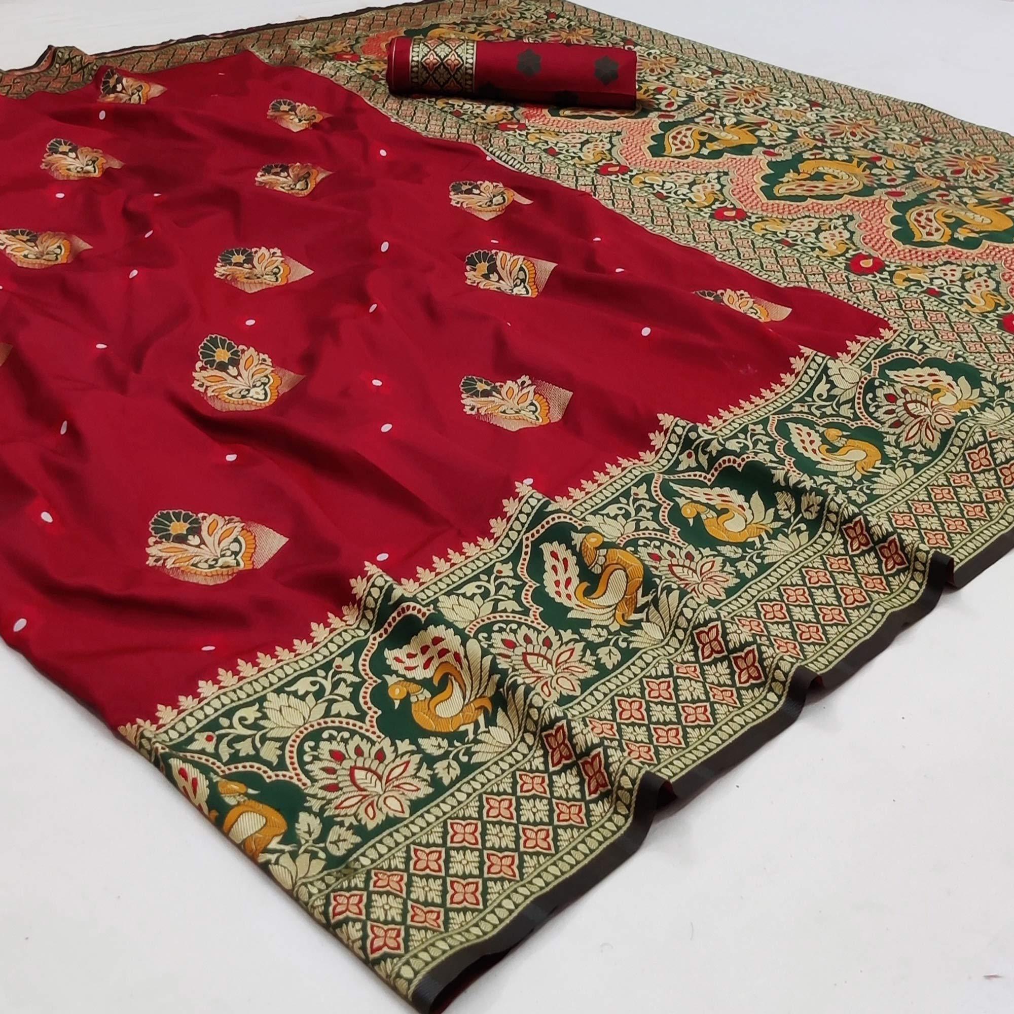 Maroon Festive Wear Floral Woven Designer Soft Silk Banarasi Saree - Peachmode