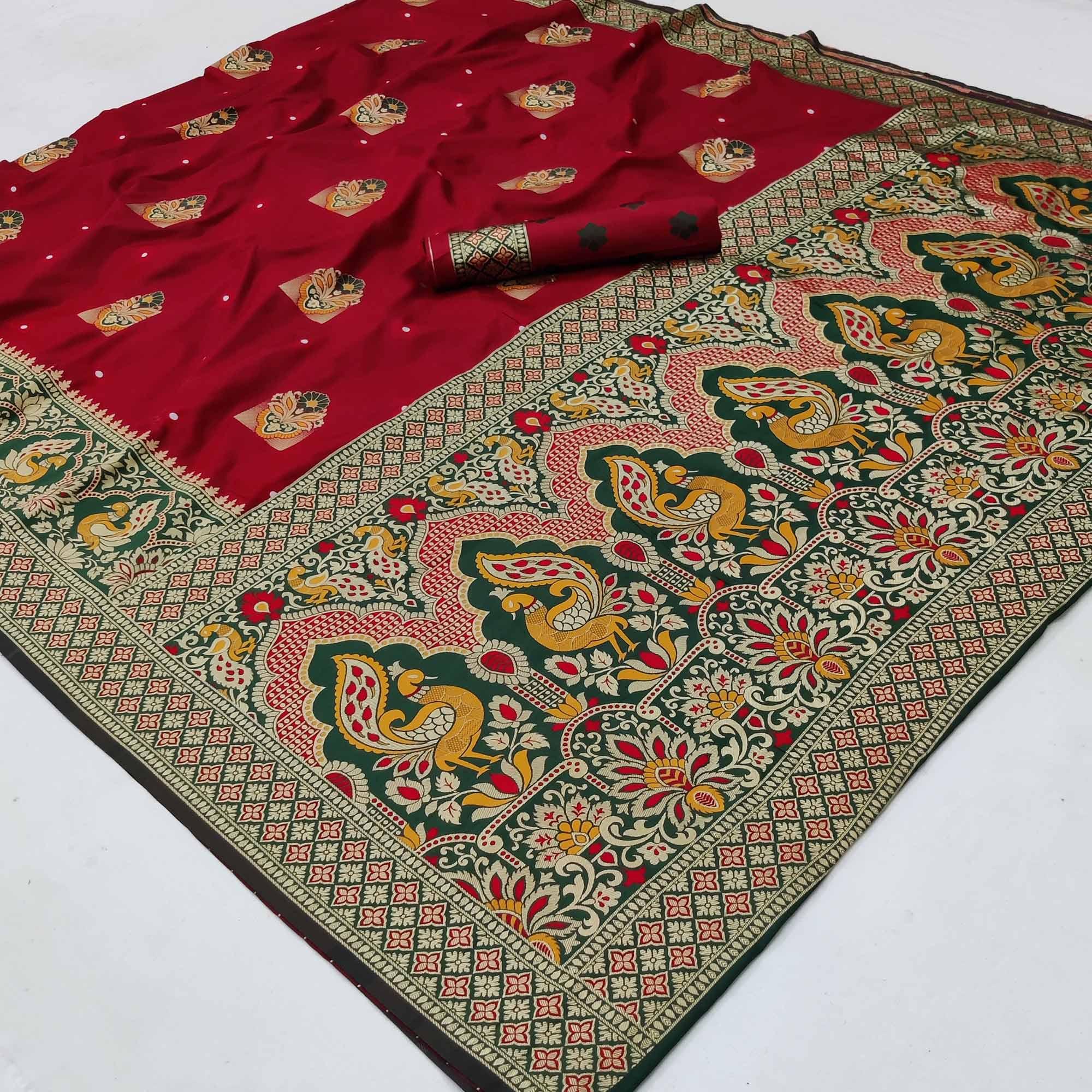 Maroon Festive Wear Floral Woven Designer Soft Silk Banarasi Saree - Peachmode