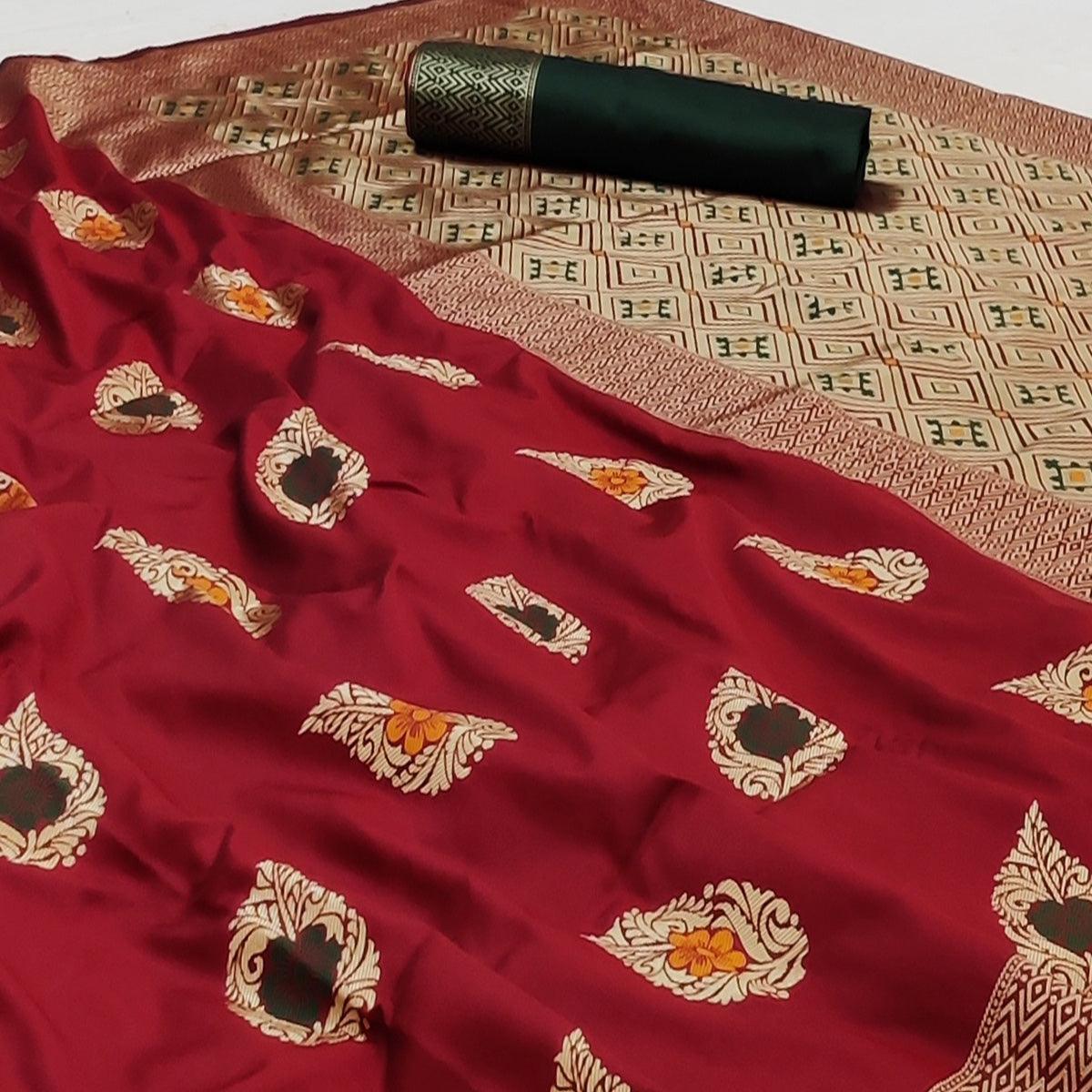 Maroon Festive Wear Floral Woven Soft Silk Banarasi Saree - Peachmode