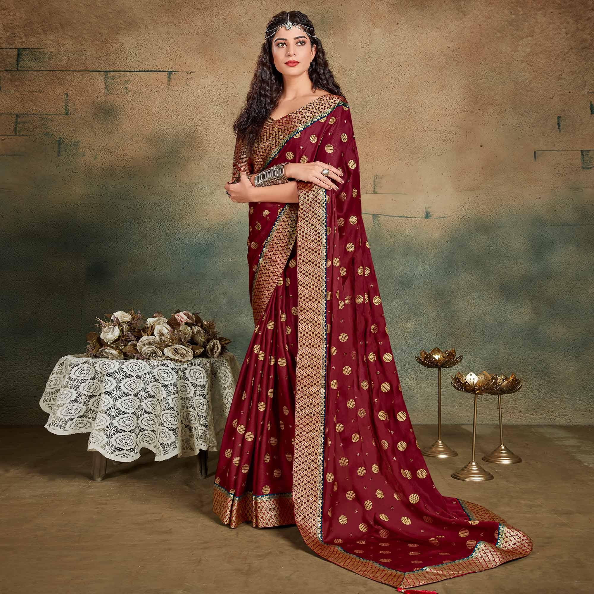 Maroon Festive Wear Foil Work Chiffon Saree With Banarasi Border - Peachmode