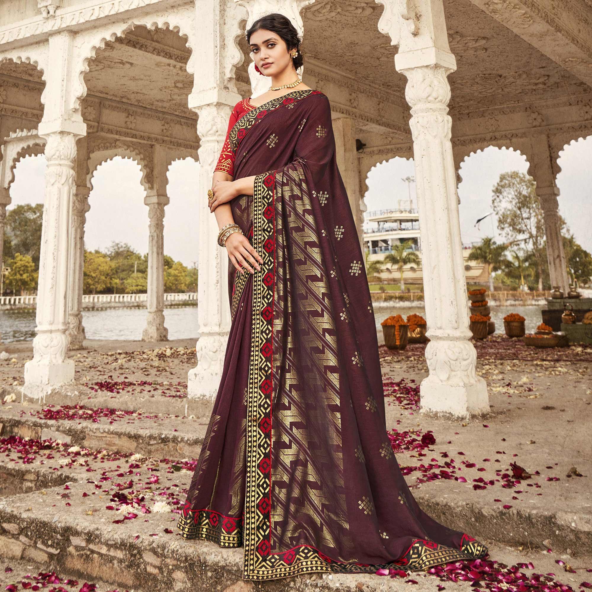 Maroon Festive Wear Jari Work Silk Saree - Peachmode
