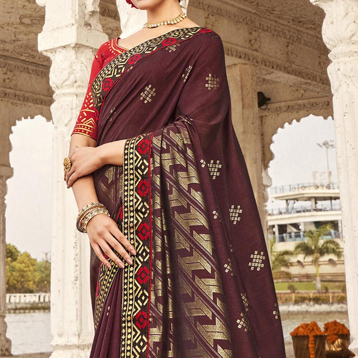 Maroon Festive Wear Jari Work Silk Saree - Peachmode