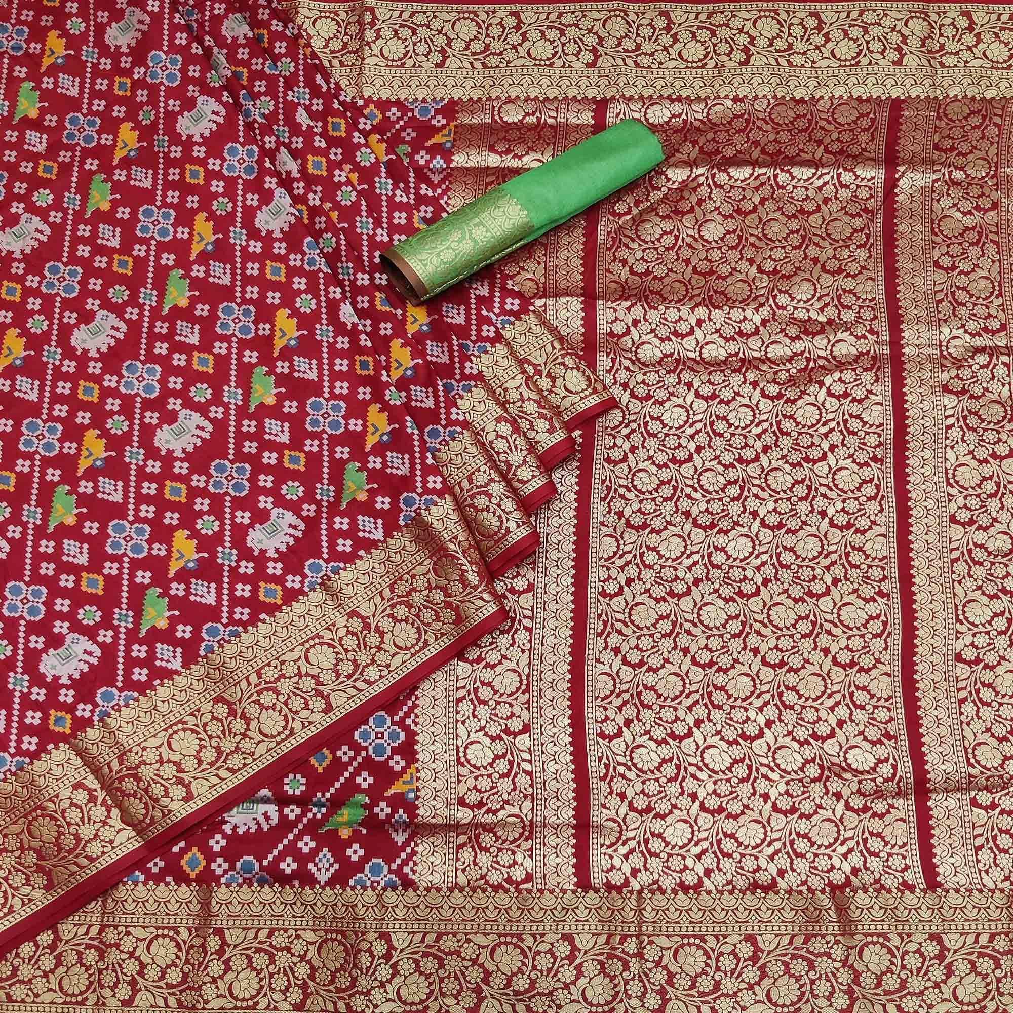 Maroon Festive Wear Patola Printed Art Silk Saree - Peachmode