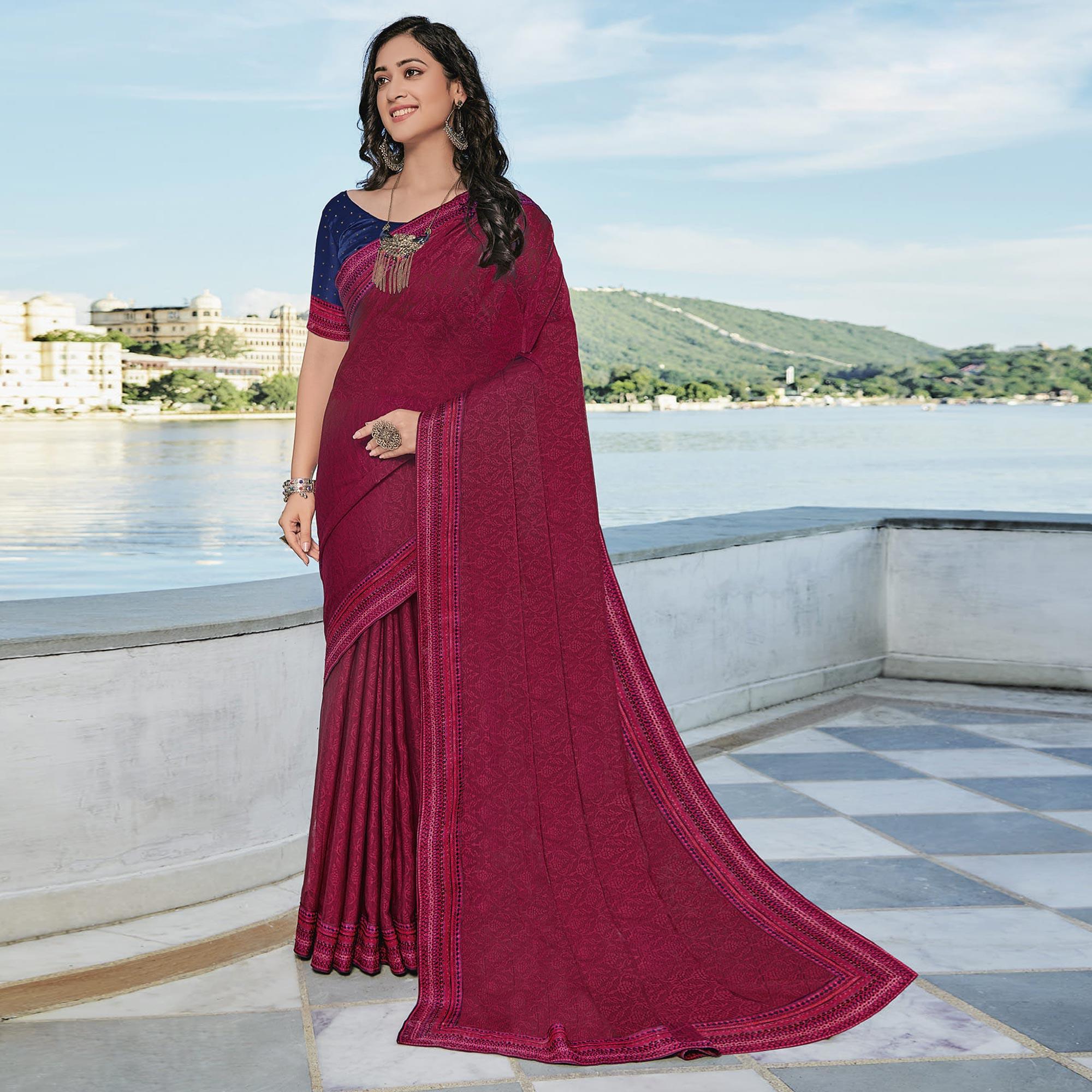 Maroon Festive Wear Printed Brasso Saree - Peachmode