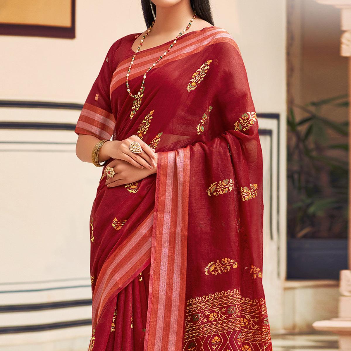 Maroon Festive Wear Printed Chanderi Silk Saree - Peachmode