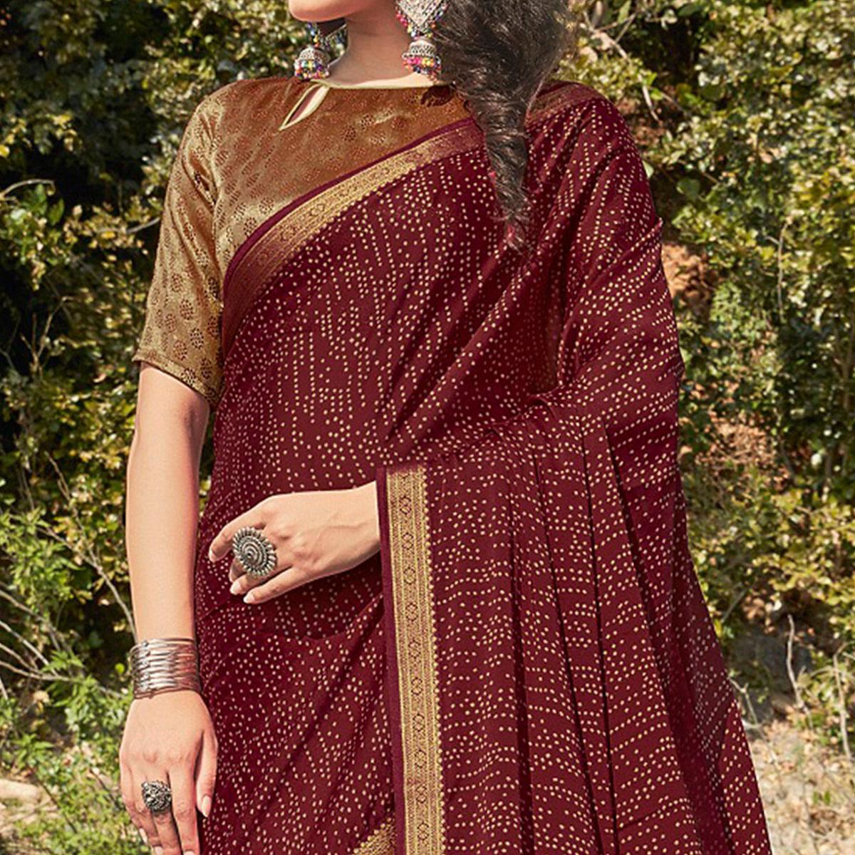 Maroon Festive Wear Printed Silk Saree - Peachmode