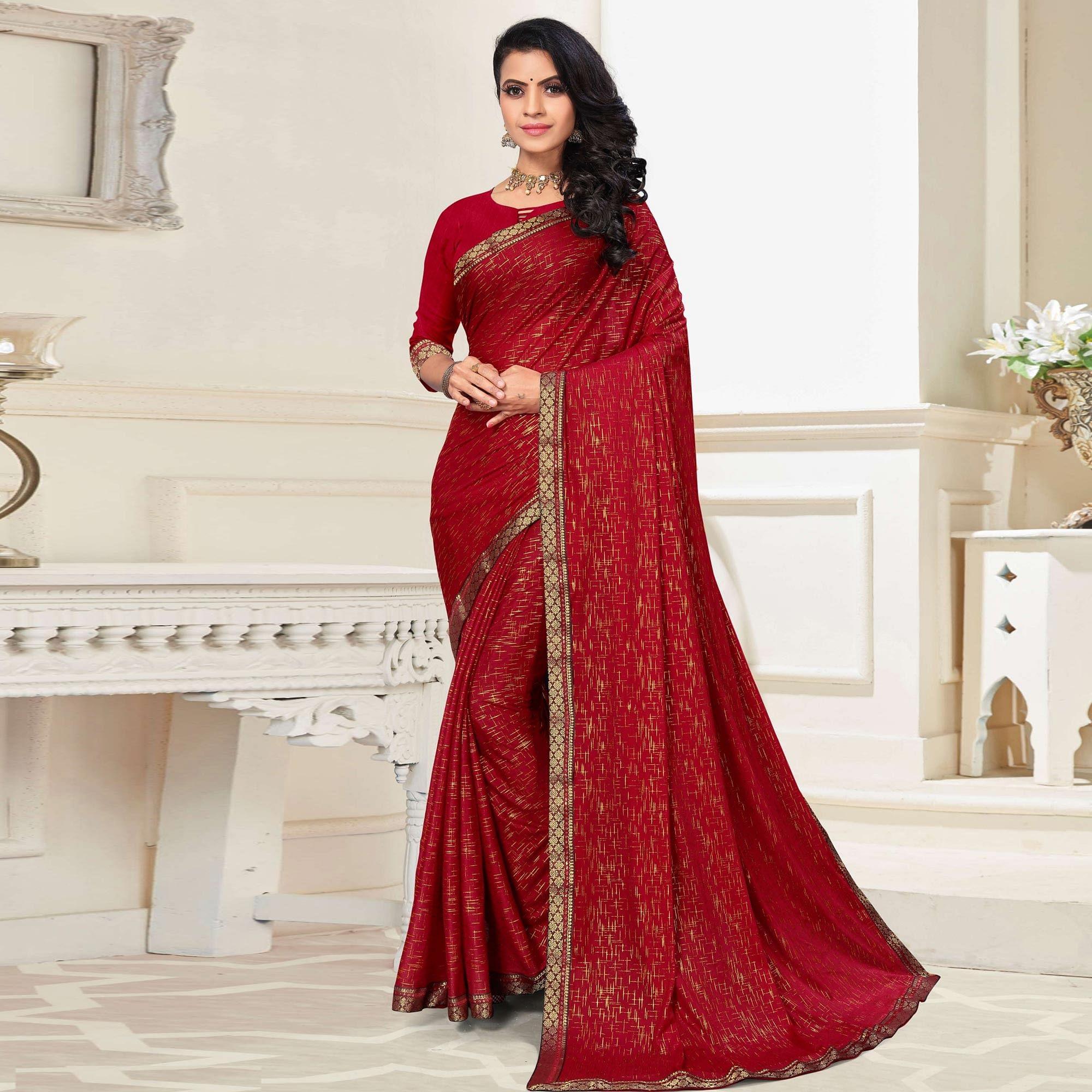 Maroon Festive Wear Printed With Banarasi Lace Art Silk Saree - Peachmode