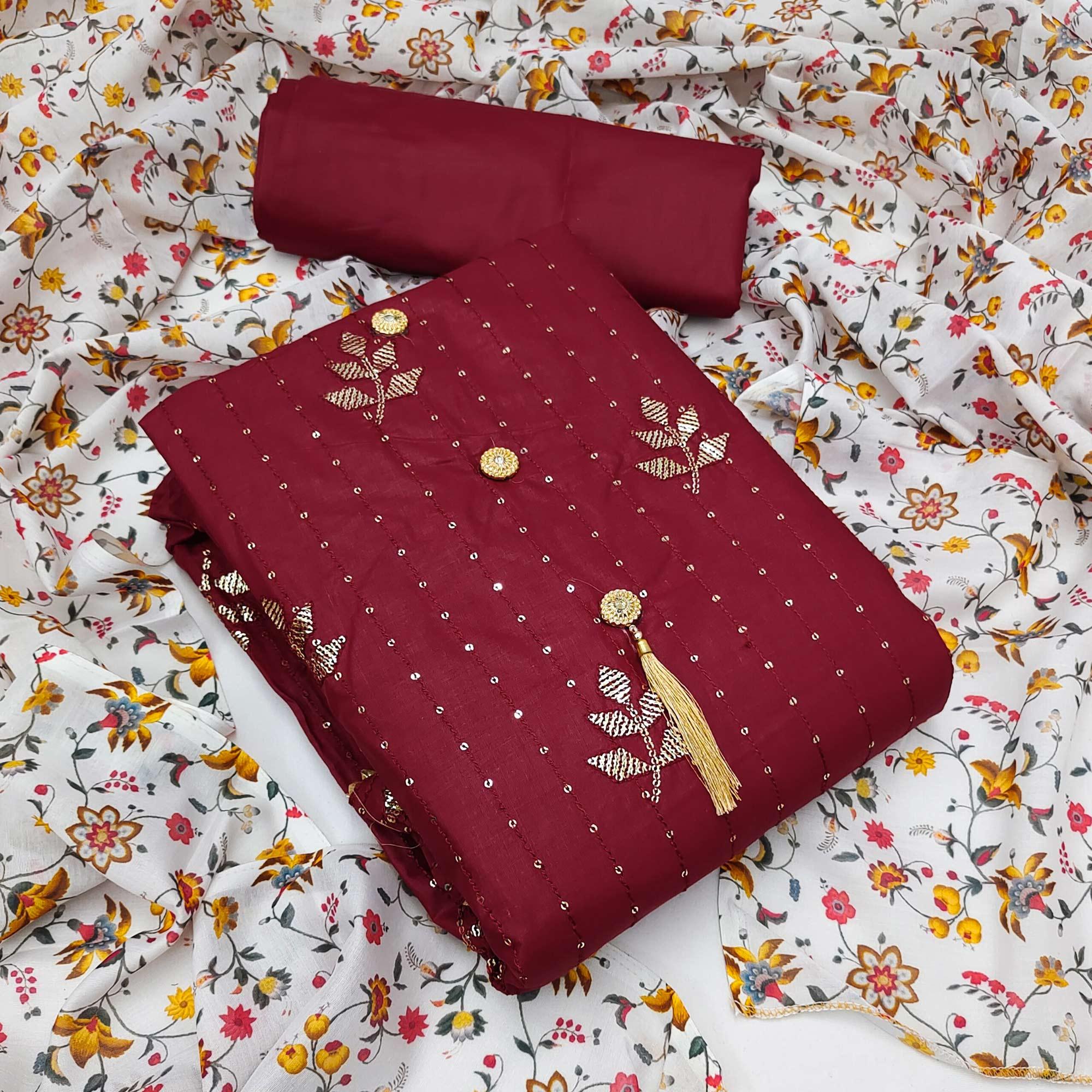 Maroon Festive Wear Sequence Work Cotton Dress Material - Peachmode
