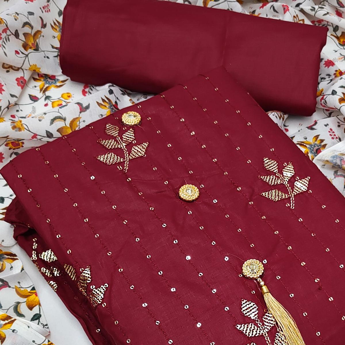 Maroon Festive Wear Sequence Work Cotton Dress Material - Peachmode