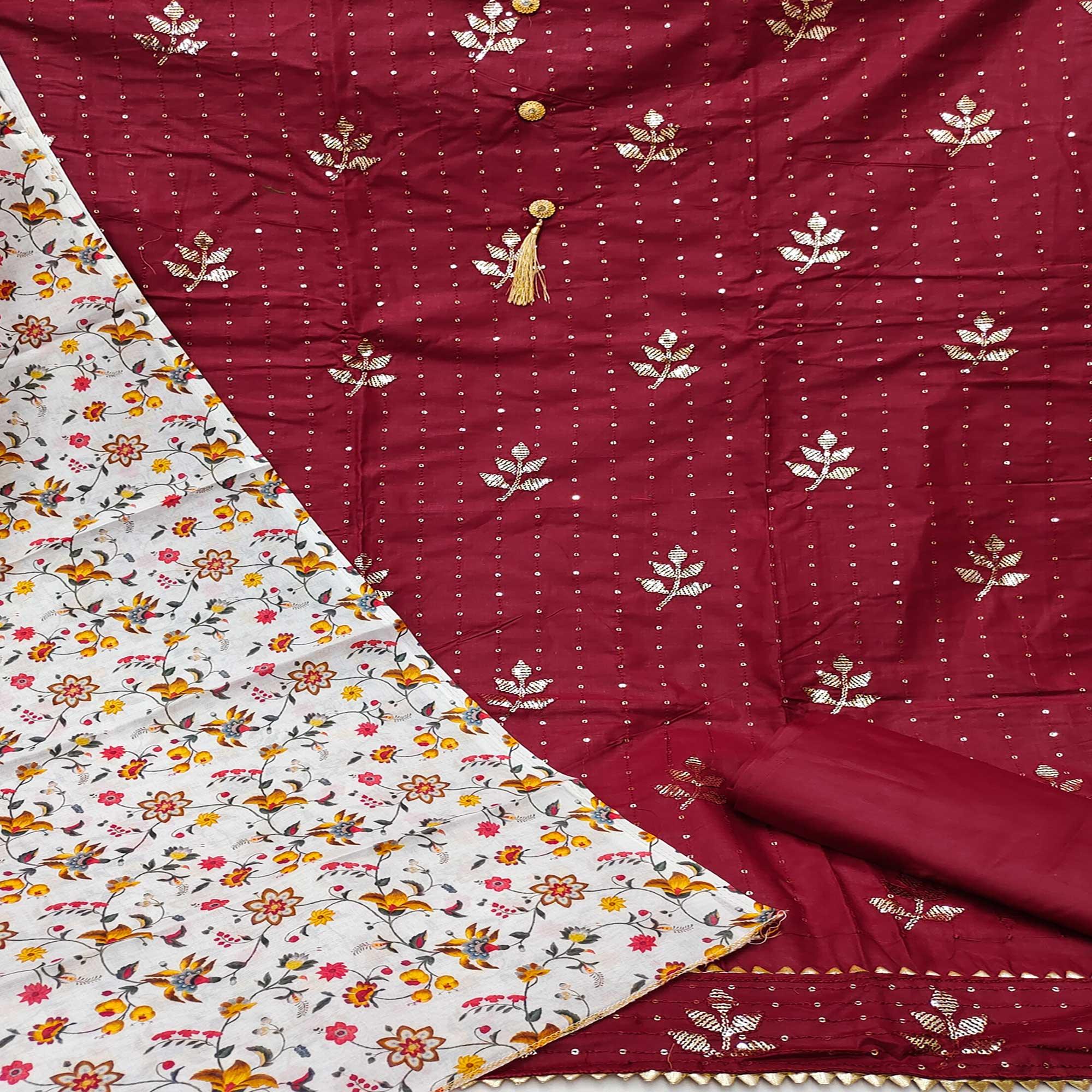 Maroon Festive Wear Sequence Work Cotton Dress Material - Peachmode