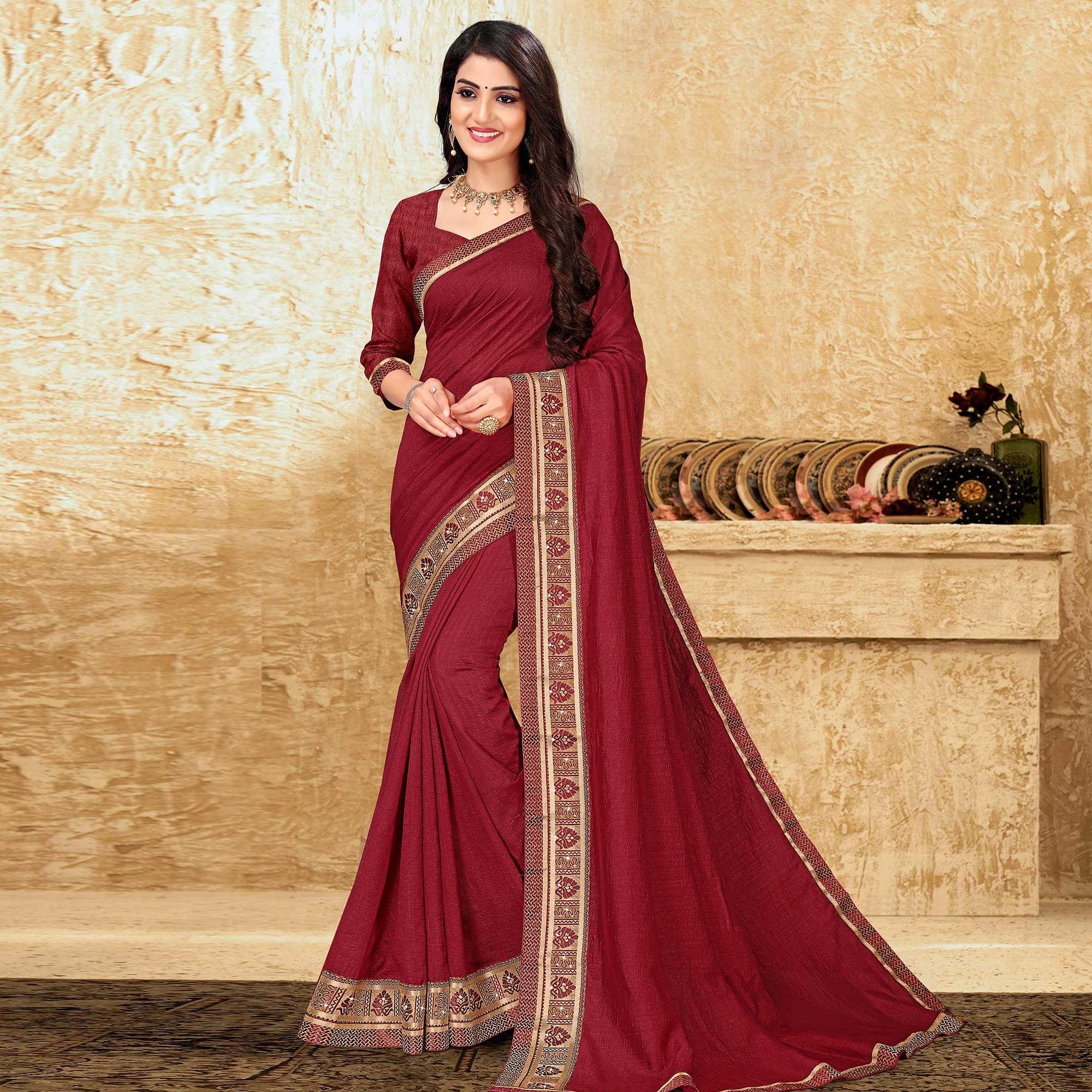 Maroon Festive Wear Solid Vichitra Silk Saree - Peachmode