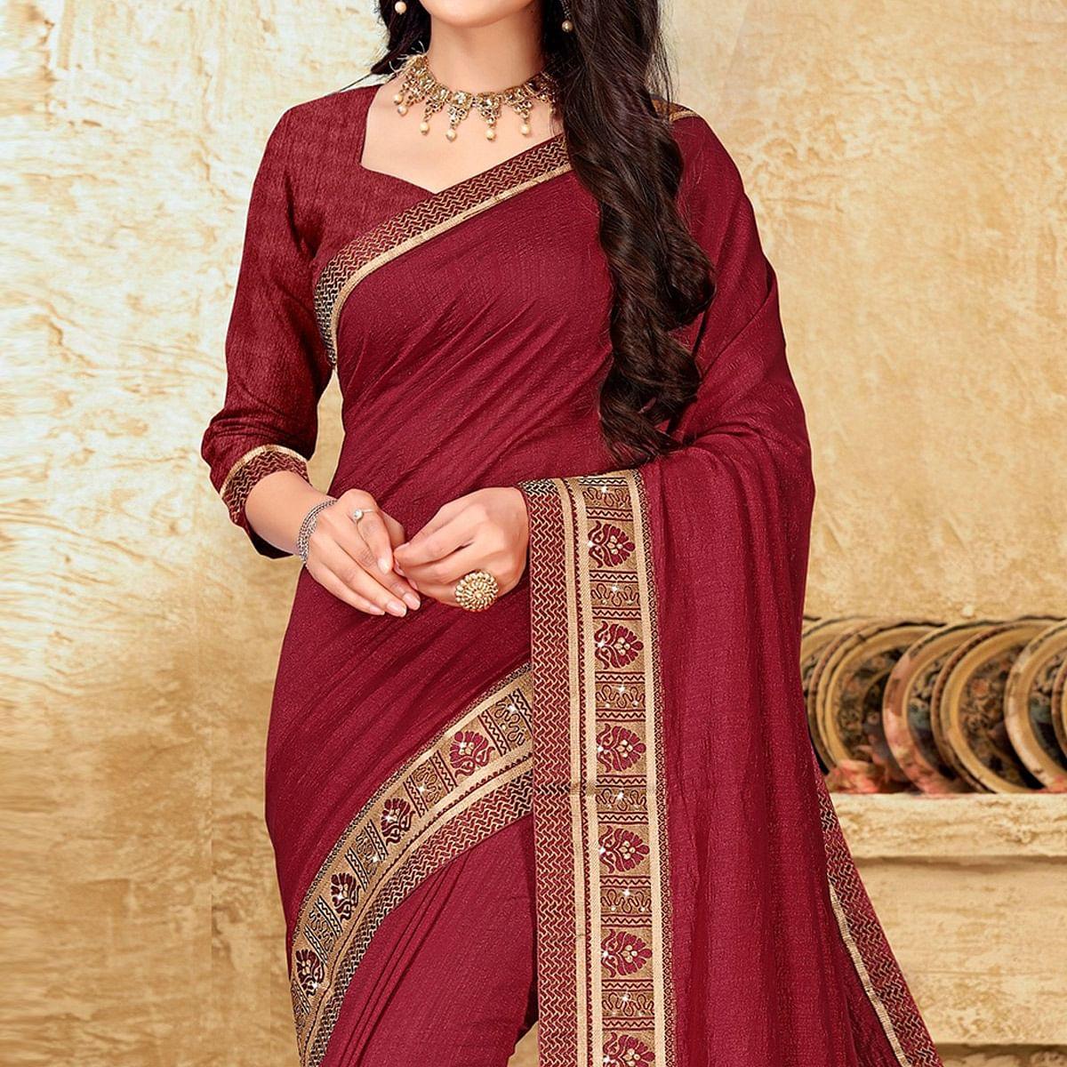 Maroon Festive Wear Solid Vichitra Silk Saree - Peachmode