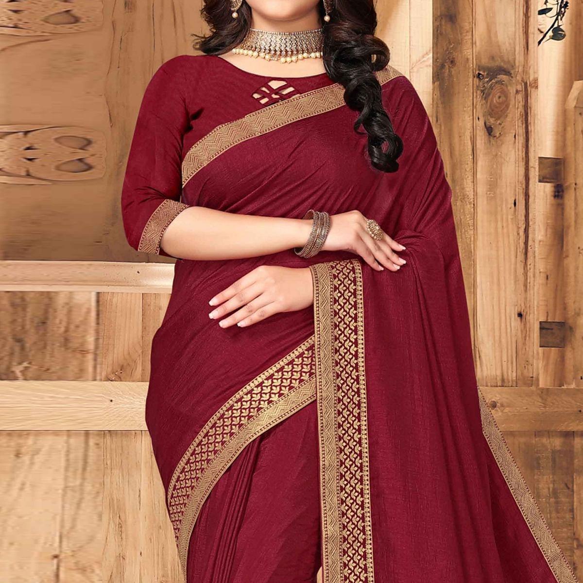 Maroon Festive Wear Solid Vichitra Silk Saree - Peachmode