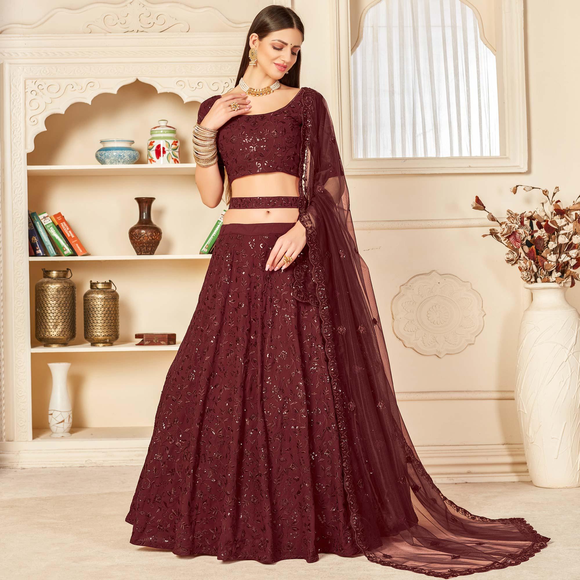 Maroon Festive Wear Thread with Sequence Embroidered Georgette Lehenga Choli - Peachmode