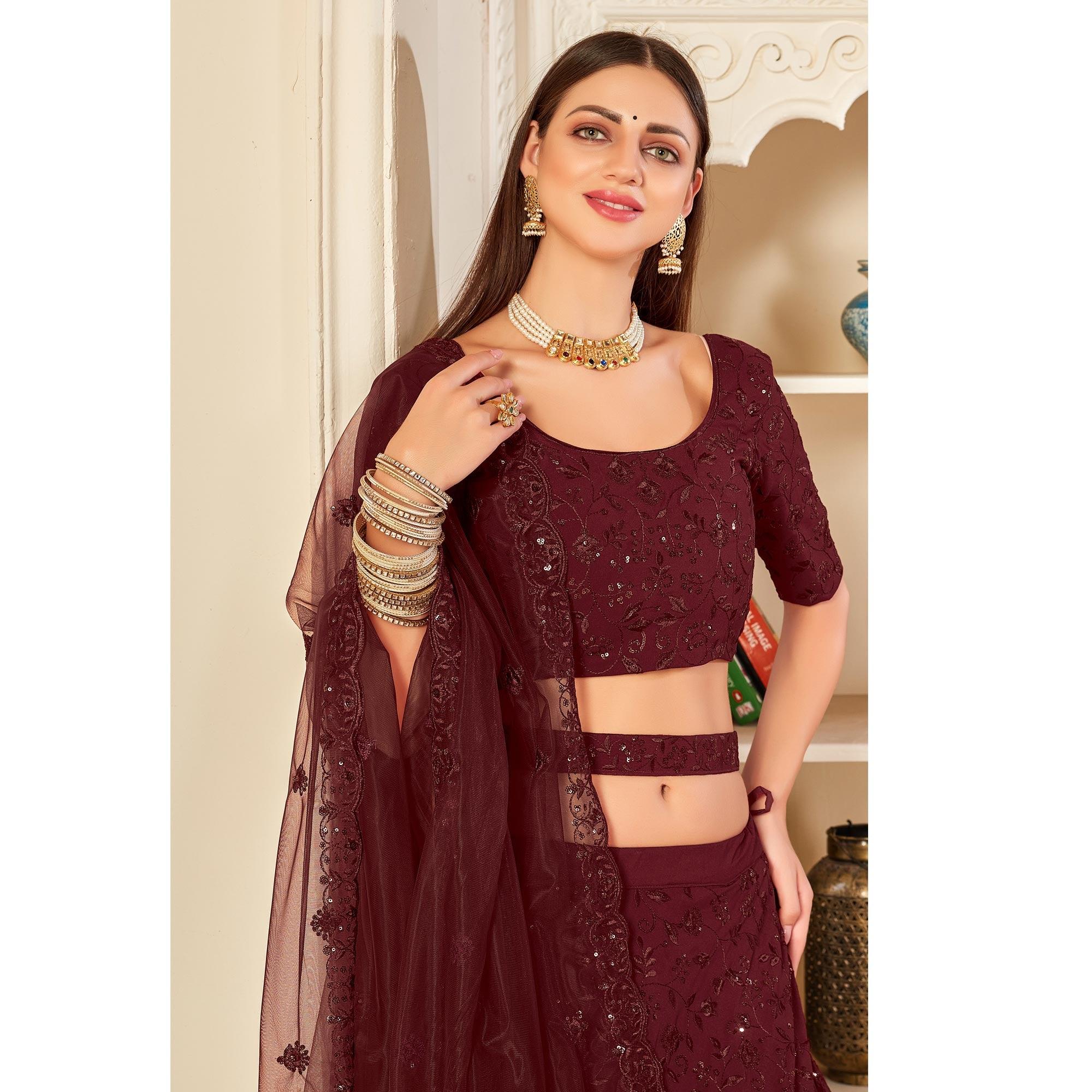 Maroon Festive Wear Thread with Sequence Embroidered Georgette Lehenga Choli - Peachmode