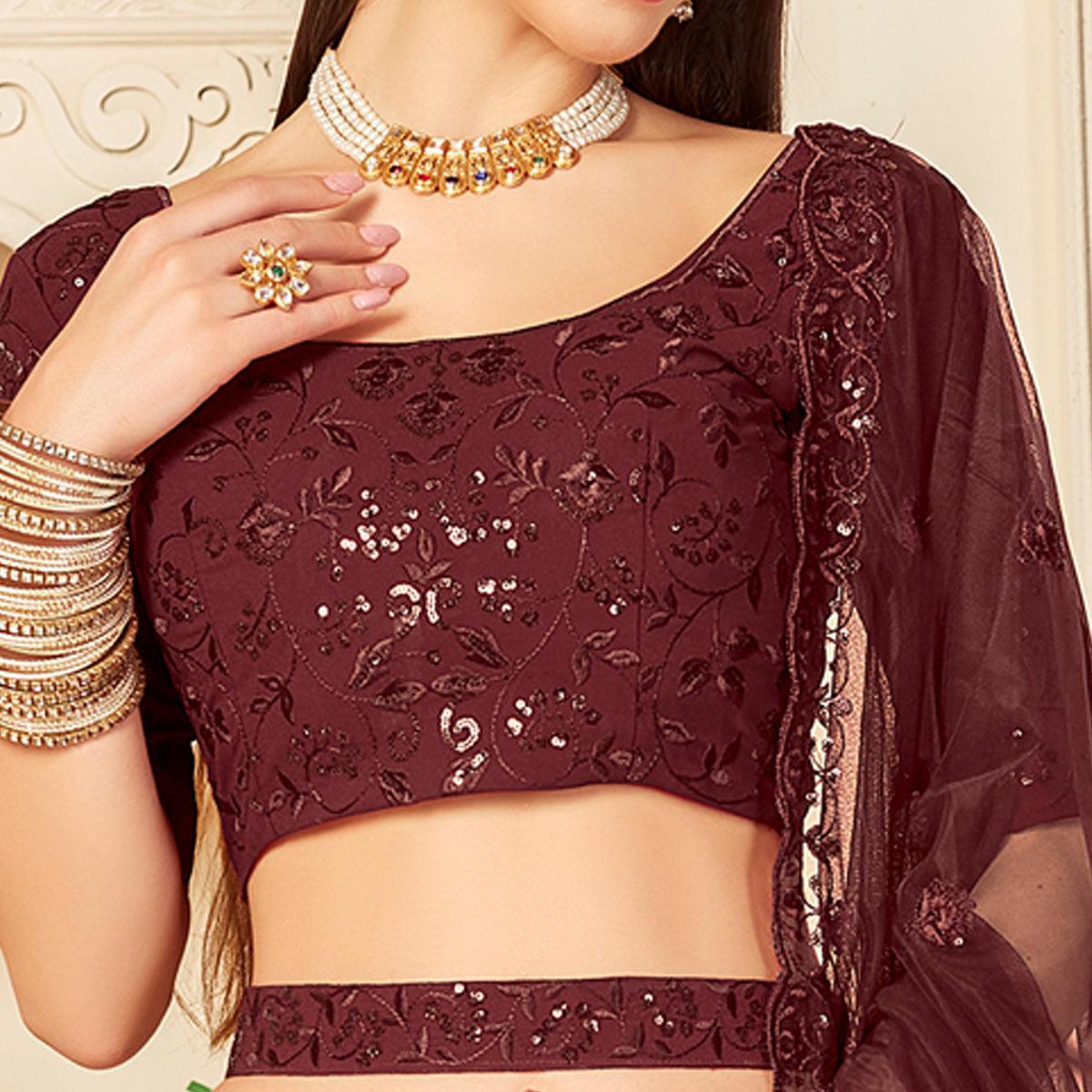 Maroon Festive Wear Thread with Sequence Embroidered Georgette Lehenga Choli - Peachmode