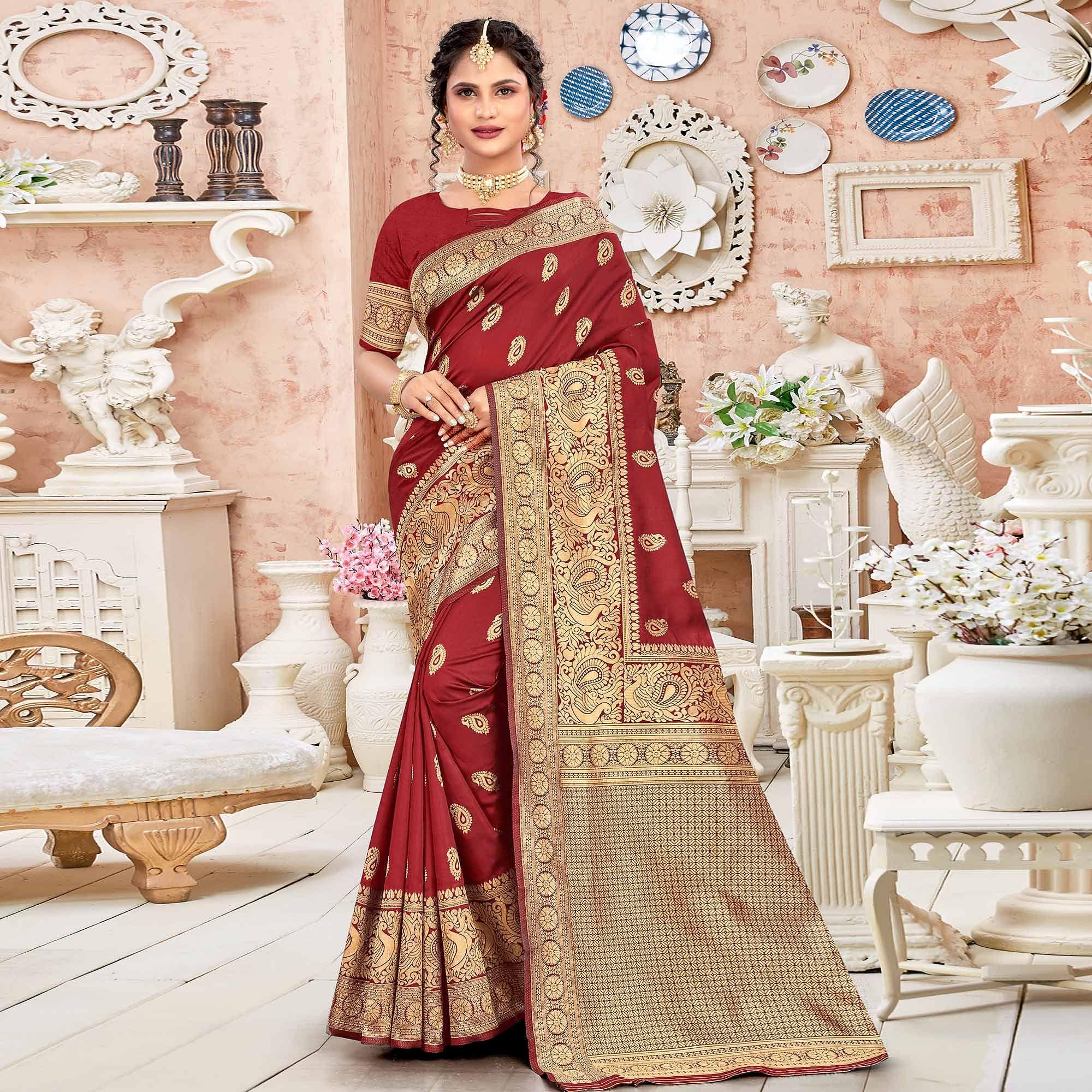 Maroon Festive Wear Woven Art Silk Sare - Peachmode