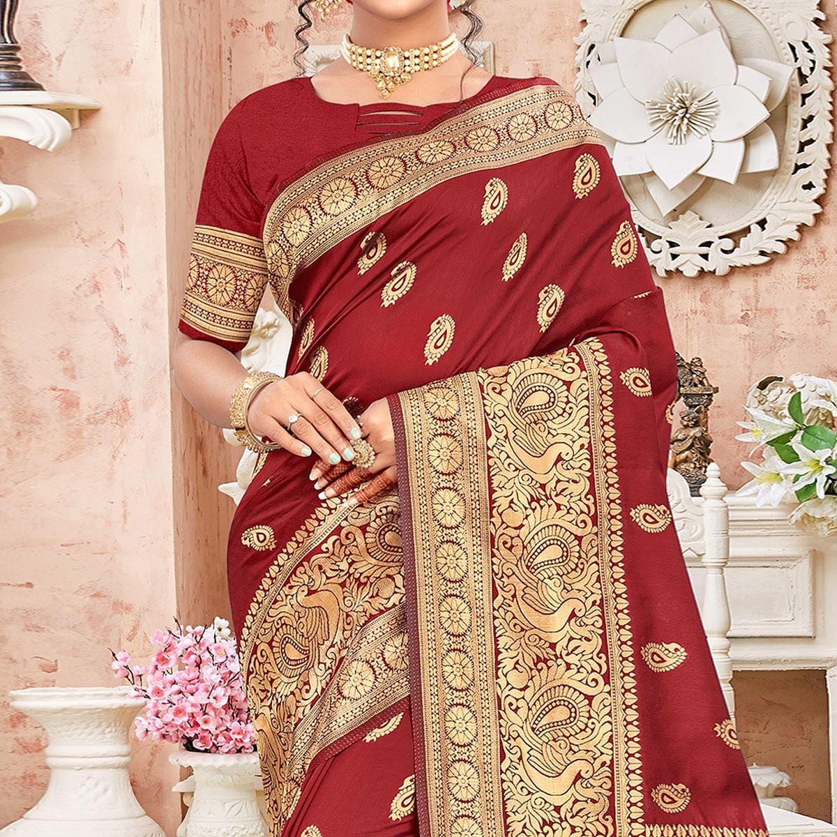 Maroon Festive Wear Woven Art Silk Sare - Peachmode