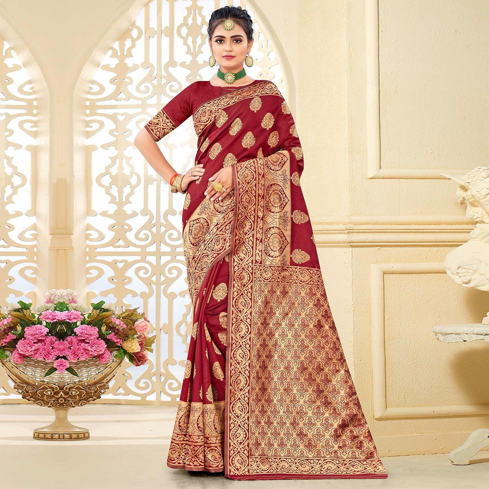 Maroon Festive Wear Woven Art Silk Saree - Peachmode
