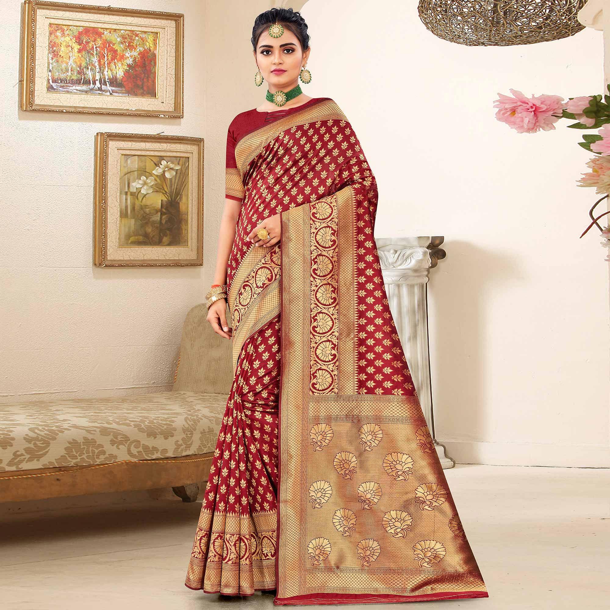 Maroon Festive Wear Woven Art Silk Saree - Peachmode