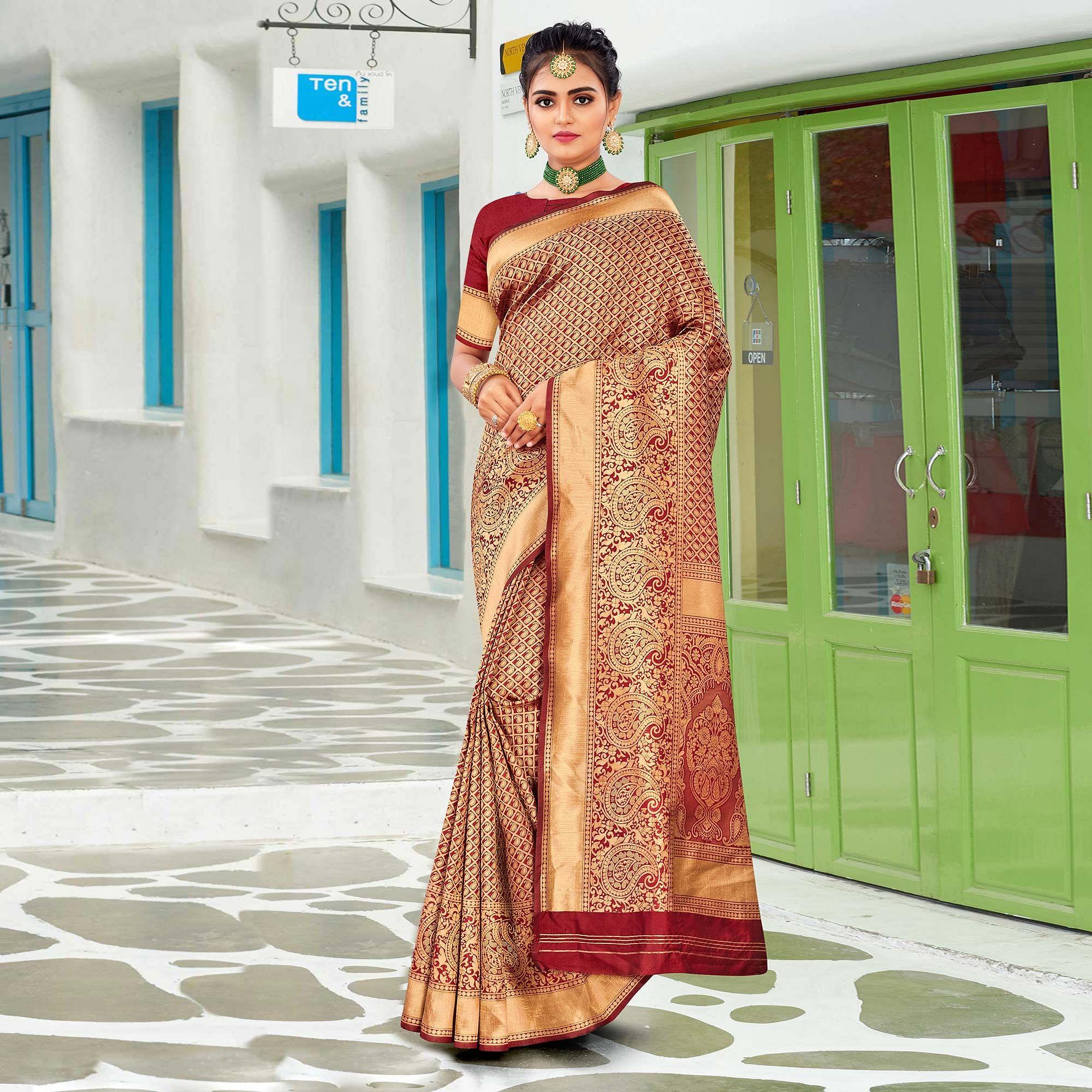 Maroon Festive Wear Woven Art Silk Saree - Peachmode