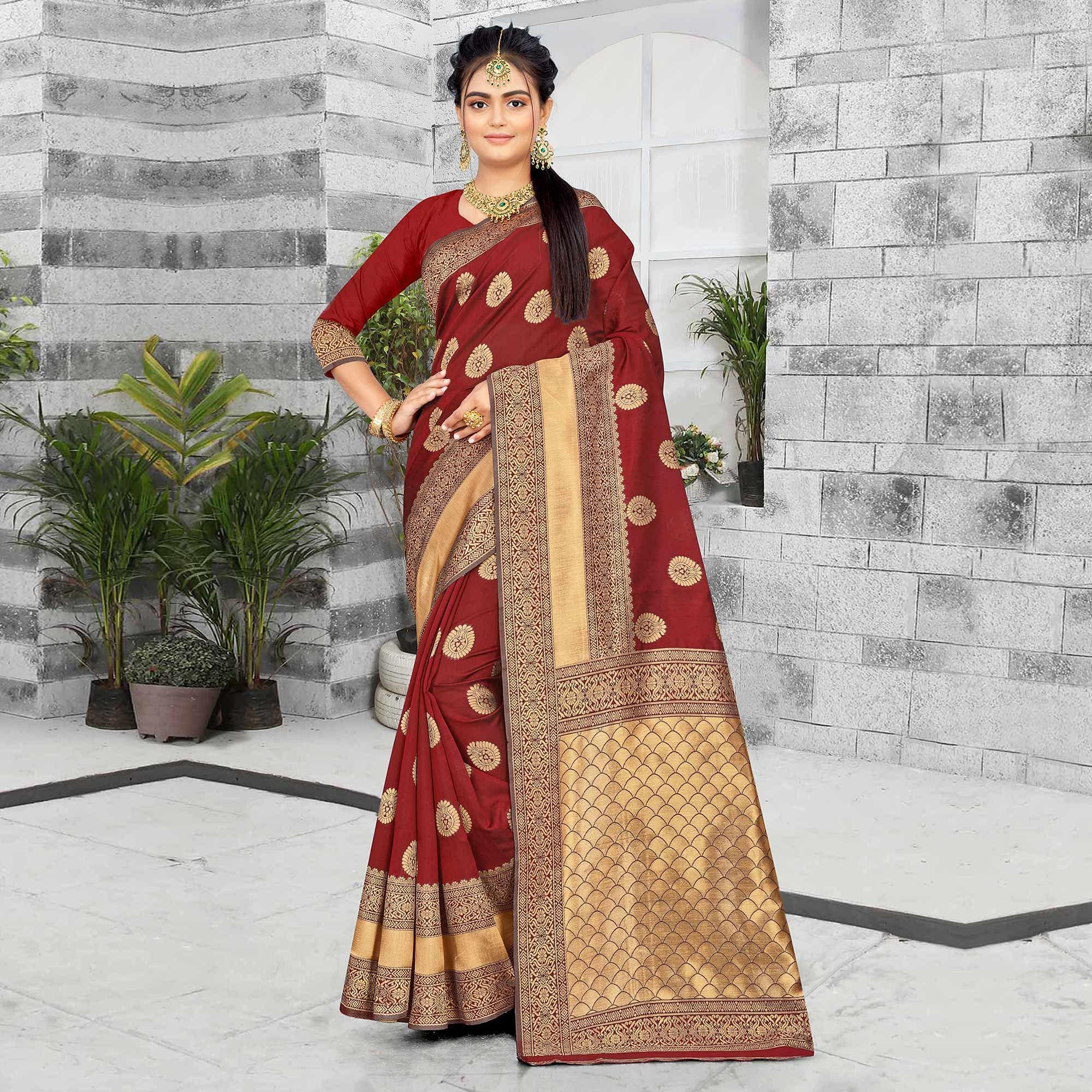Maroon Festive Wear Woven Art Silk Saree - Peachmode