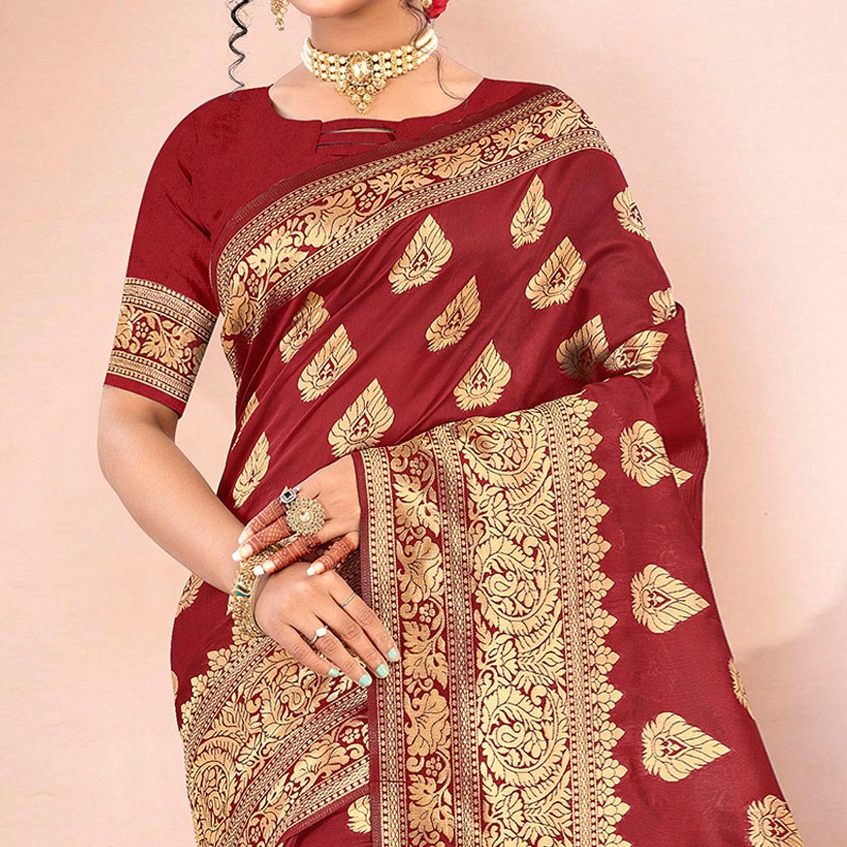 Maroon Festive Wear Woven Art Silk Saree - Peachmode