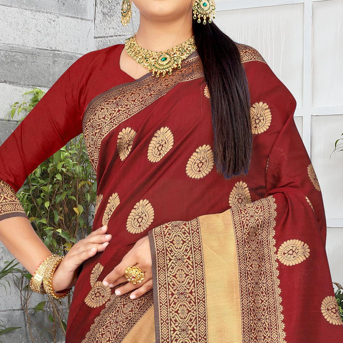 Maroon Festive Wear Woven Art Silk Saree - Peachmode