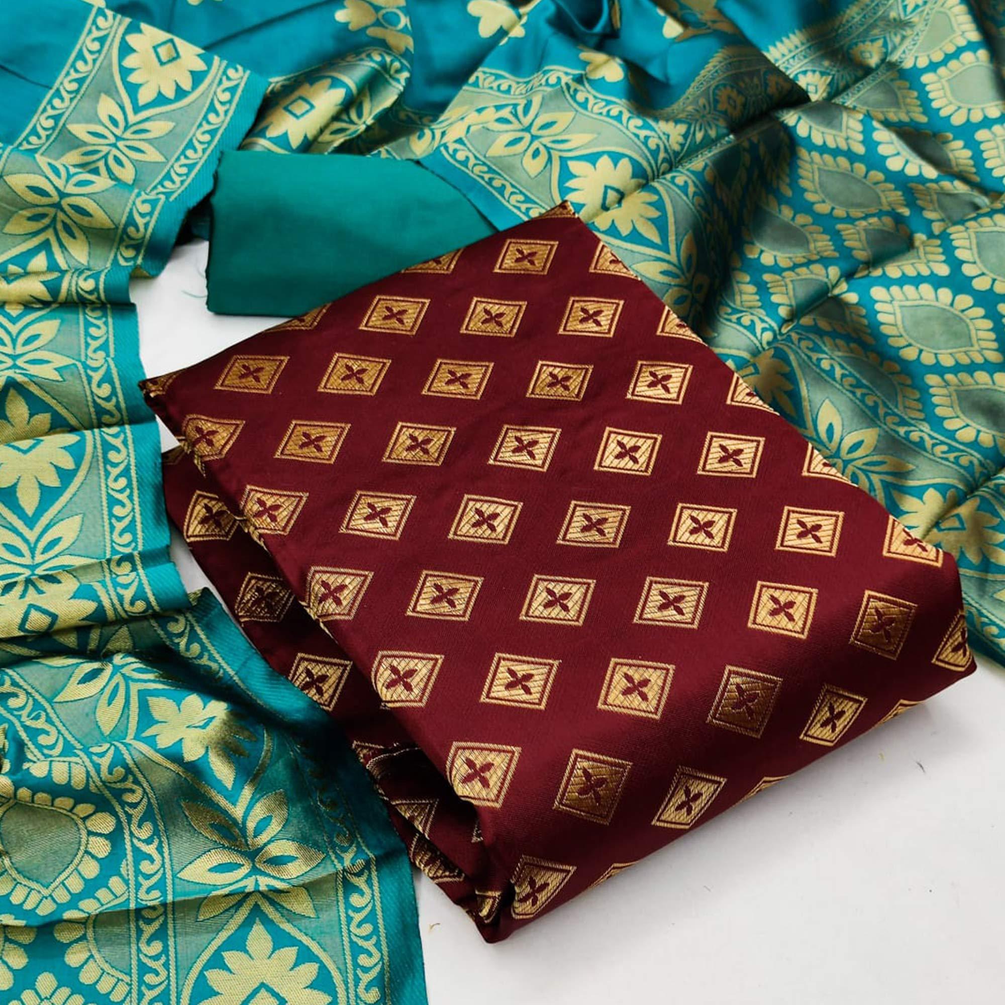 Maroon Festive Wear Woven Banarasi Silk Dress Material - Peachmode