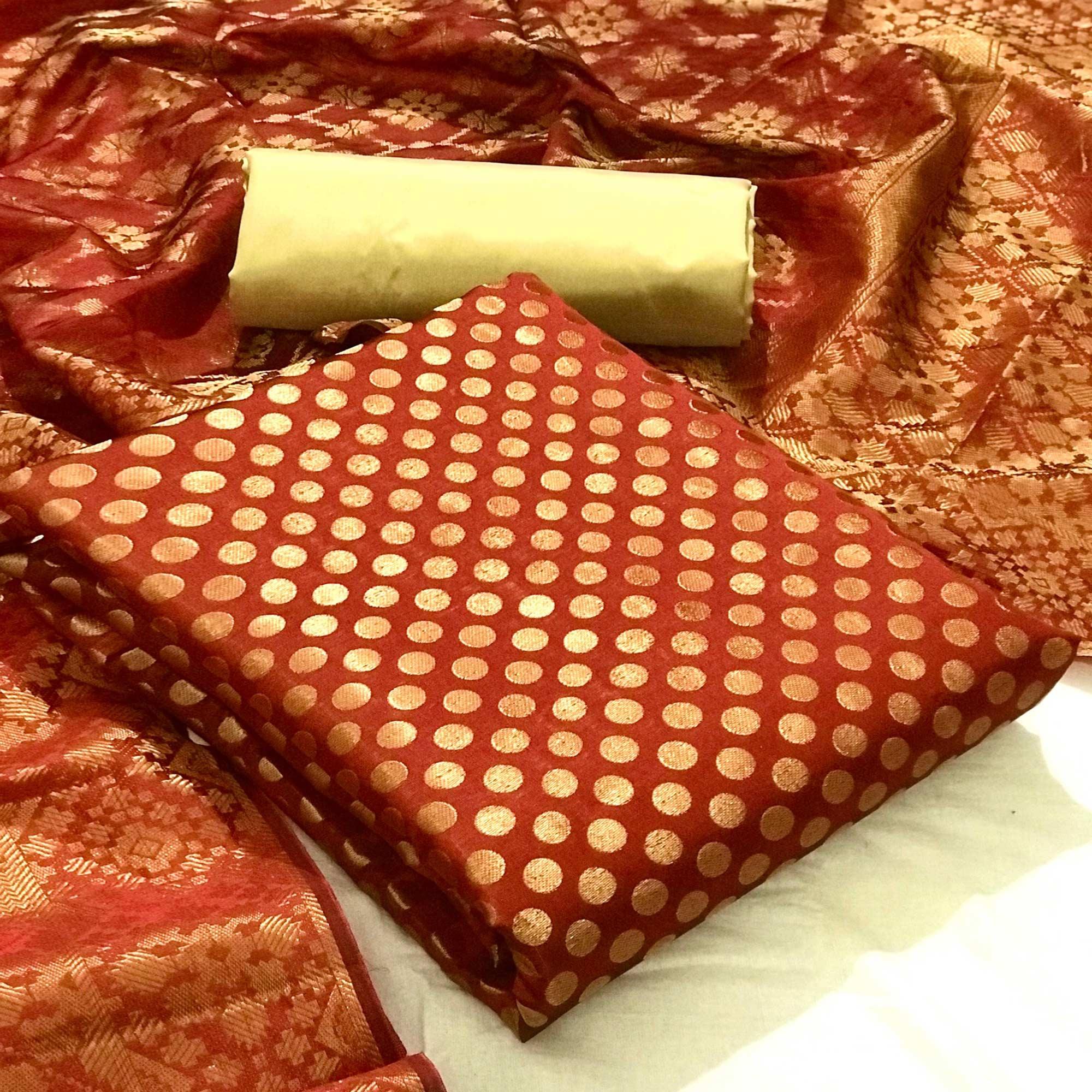 Maroon Festive Wear Woven Banarasi Silk Dress Material - Peachmode