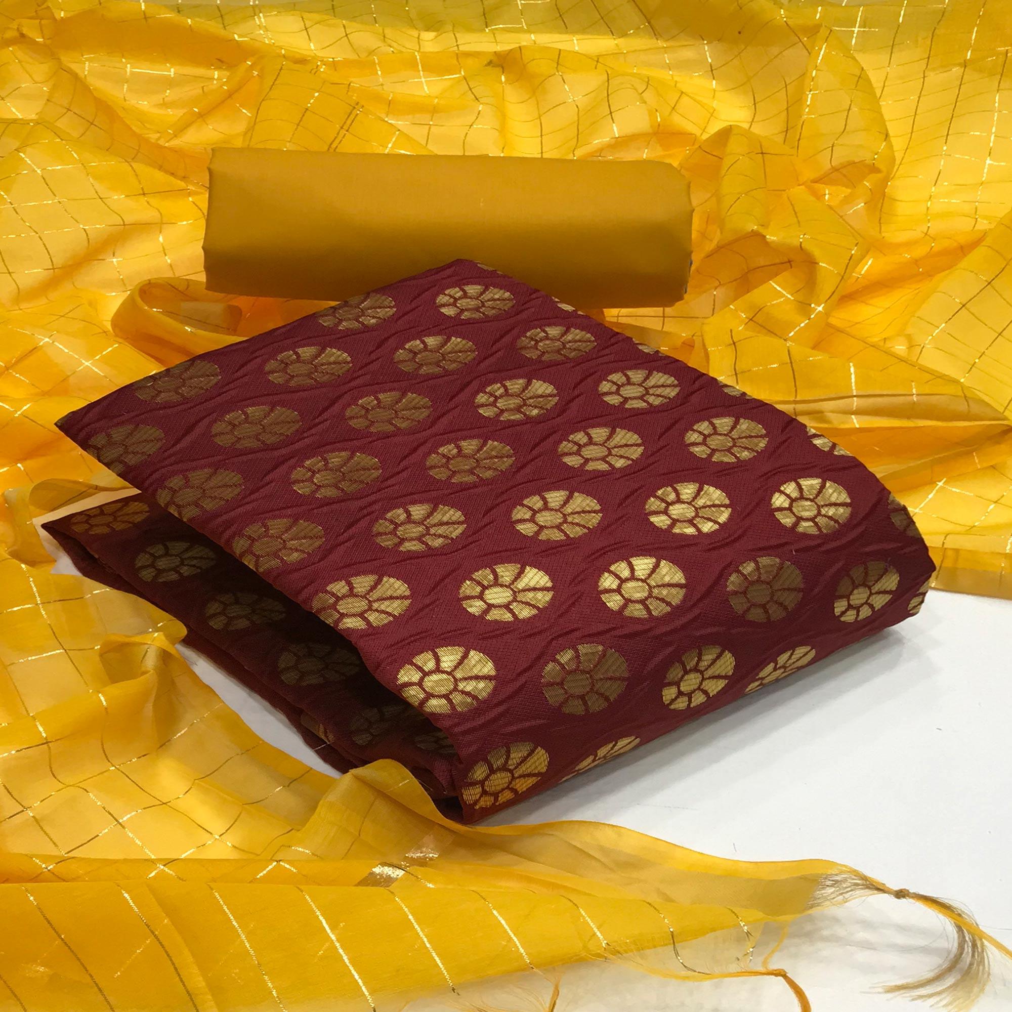 Maroon Festive Wear Woven Banarasi Silk Dress Material - Peachmode