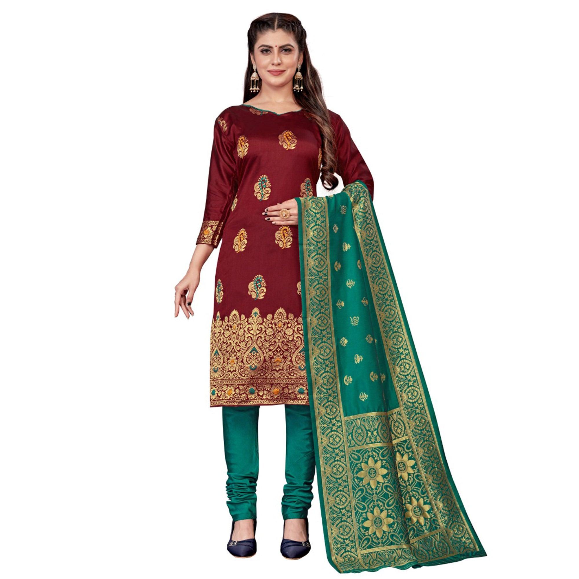 Maroon Festive Wear Woven Banarasi Silk Dress Material - Peachmode