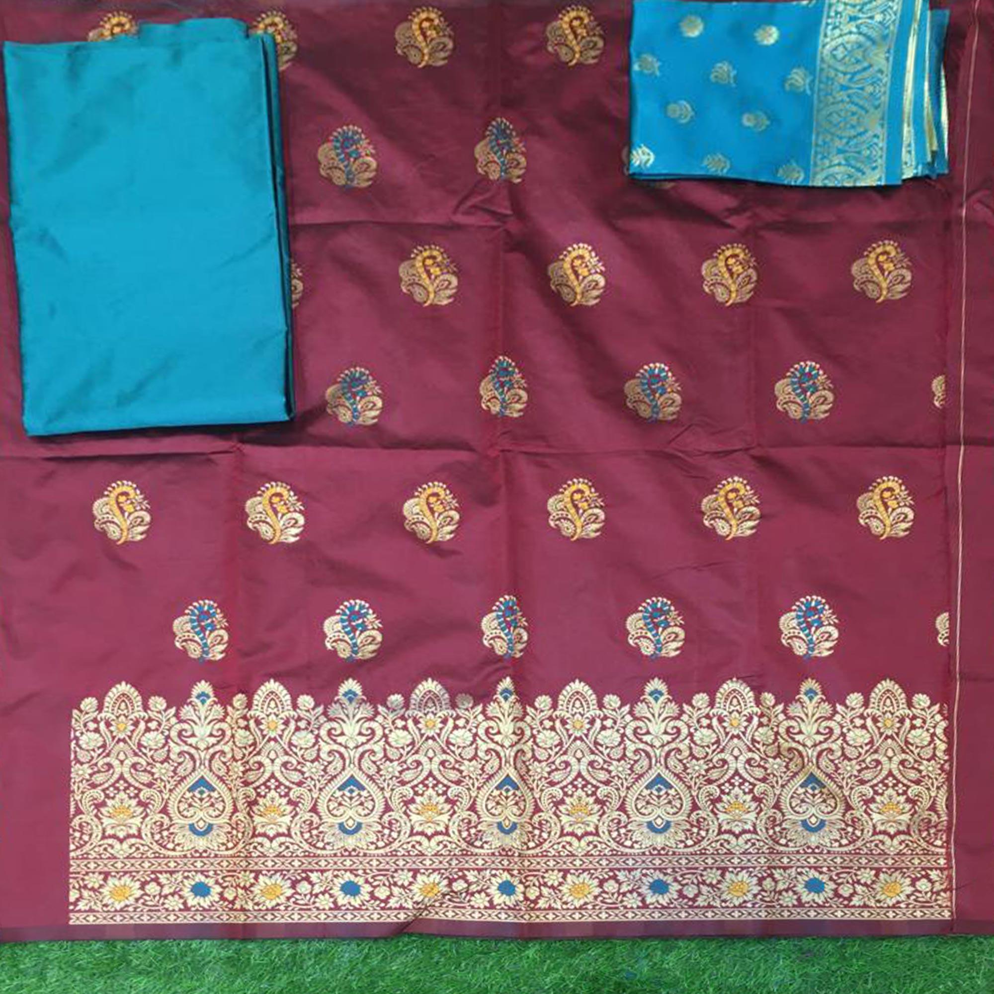 Maroon Festive Wear Woven Banarasi Silk Dress Material - Peachmode