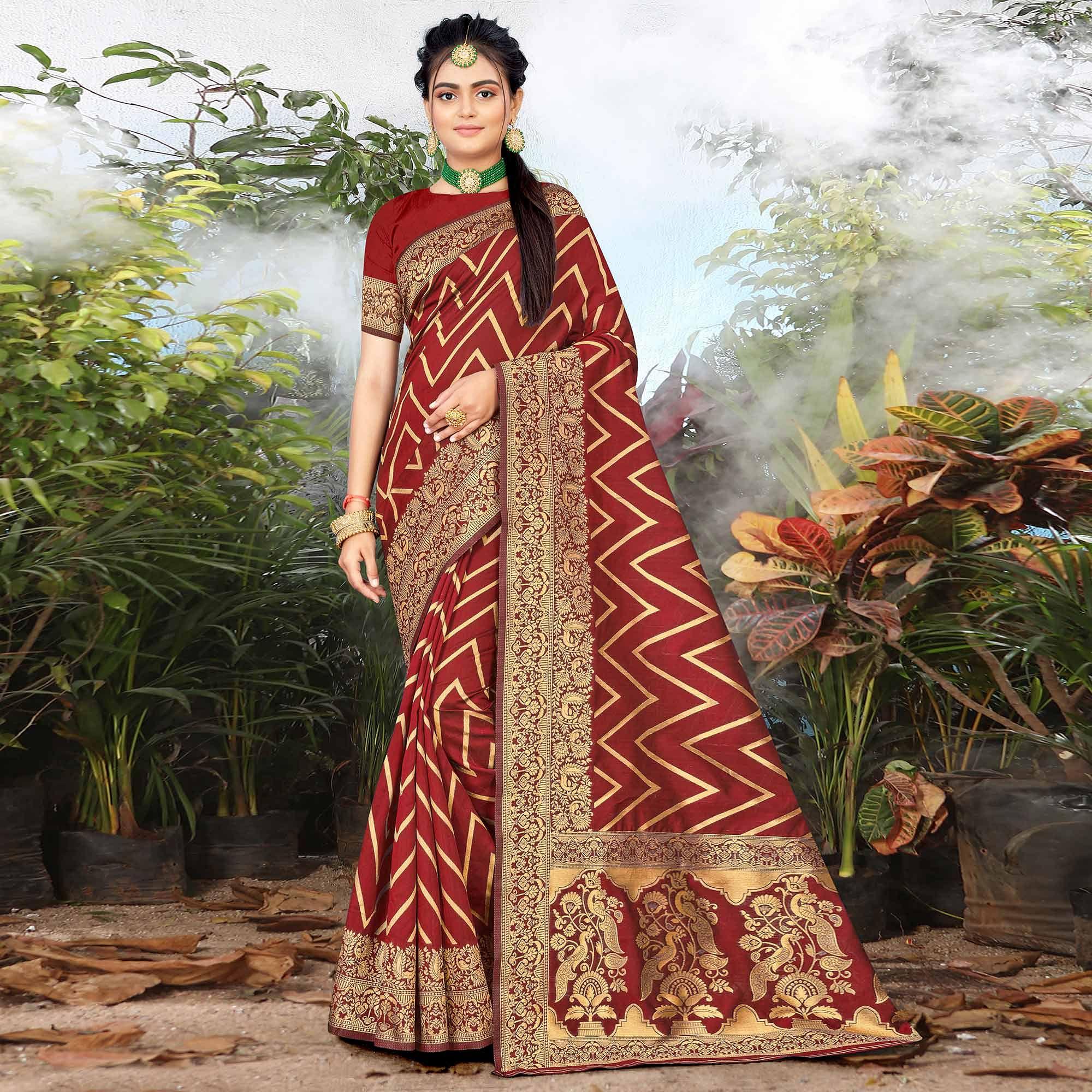 Maroon Festive Wear Woven Banarasi Silk Saree - Peachmode