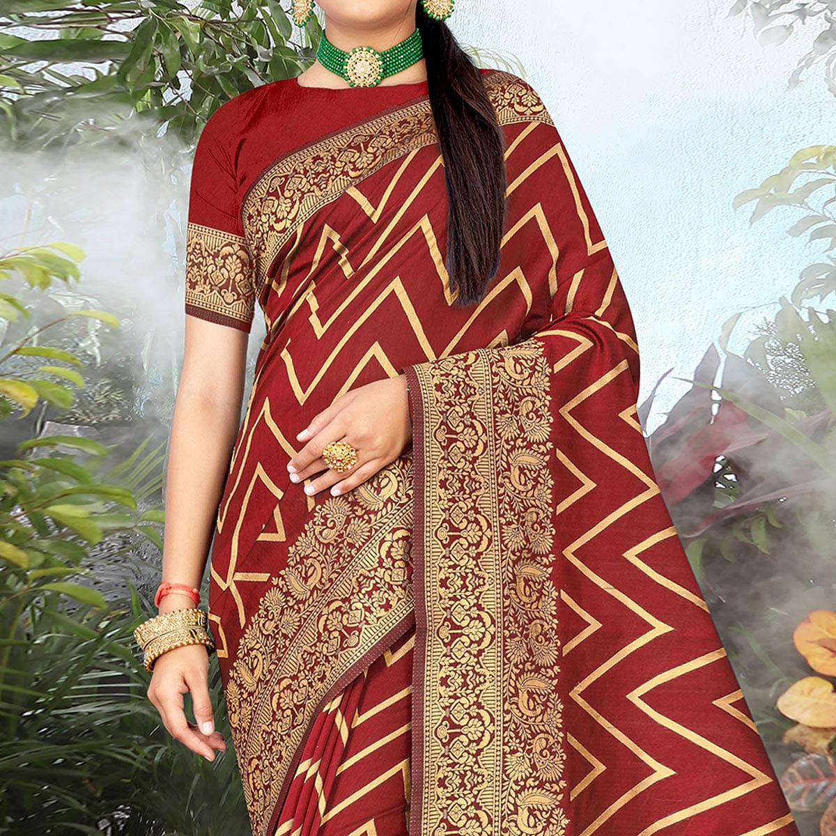 Maroon Festive Wear Woven Banarasi Silk Saree - Peachmode