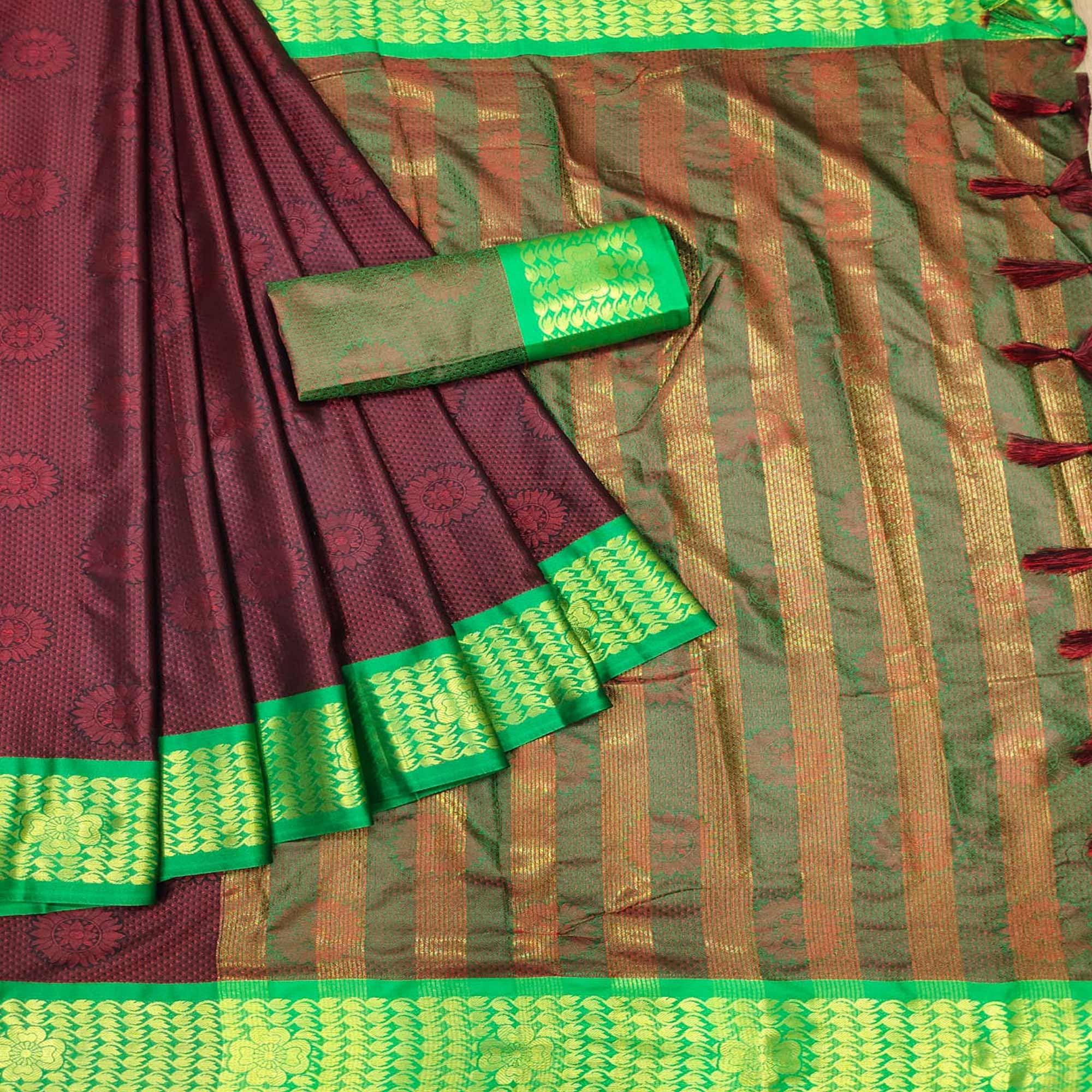 Maroon Festive Wear Woven Cotton Silk Saree - Peachmode