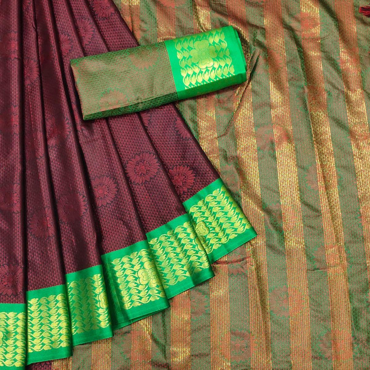 Maroon Festive Wear Woven Cotton Silk Saree - Peachmode