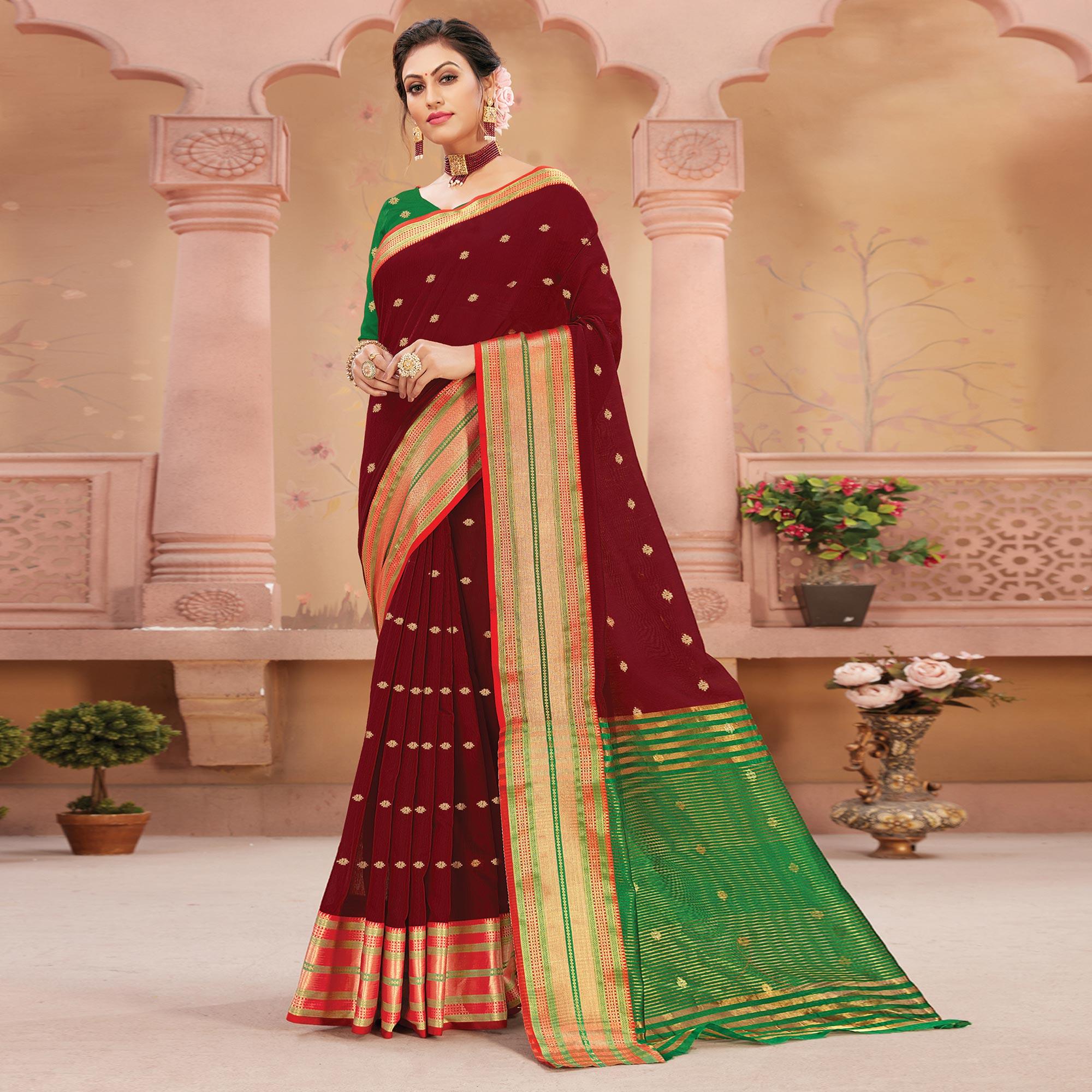 Maroon Festive Wear Woven Handloom Silk Saree - Peachmode