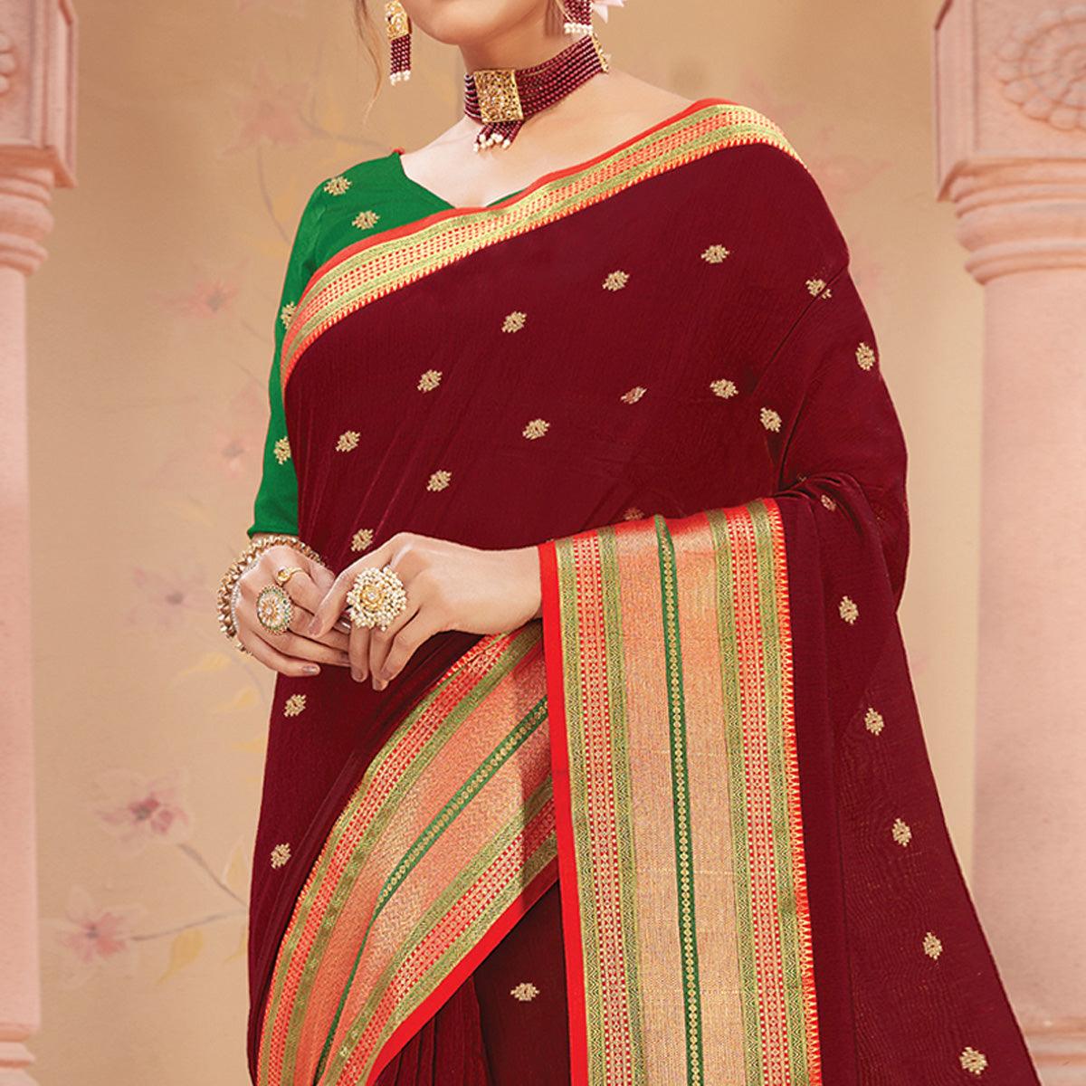 Maroon Festive Wear Woven Handloom Silk Saree - Peachmode