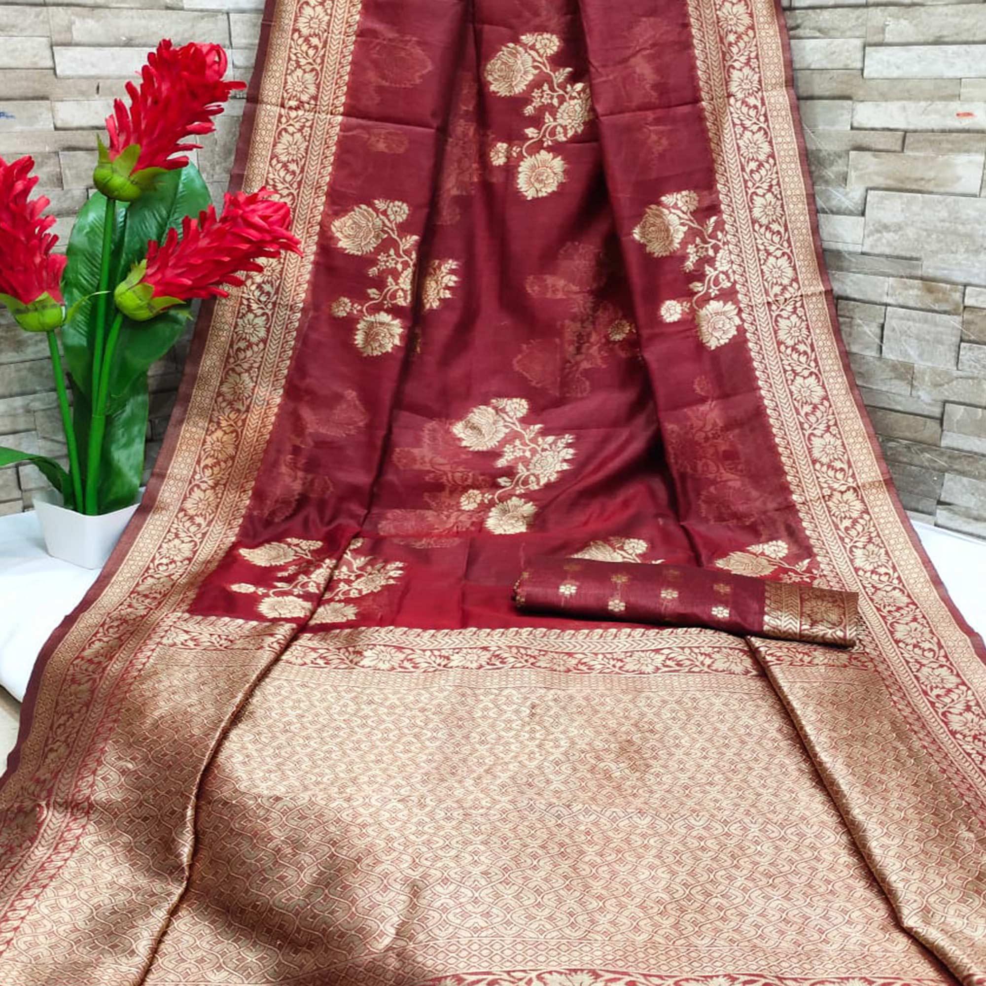 Maroon Festive Wear Woven Jacquard Silk Saree - Peachmode