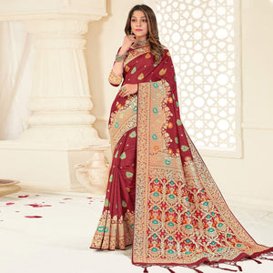 Maroon Festive Wear Woven Jari Border Soft Silk Saree - Peachmode