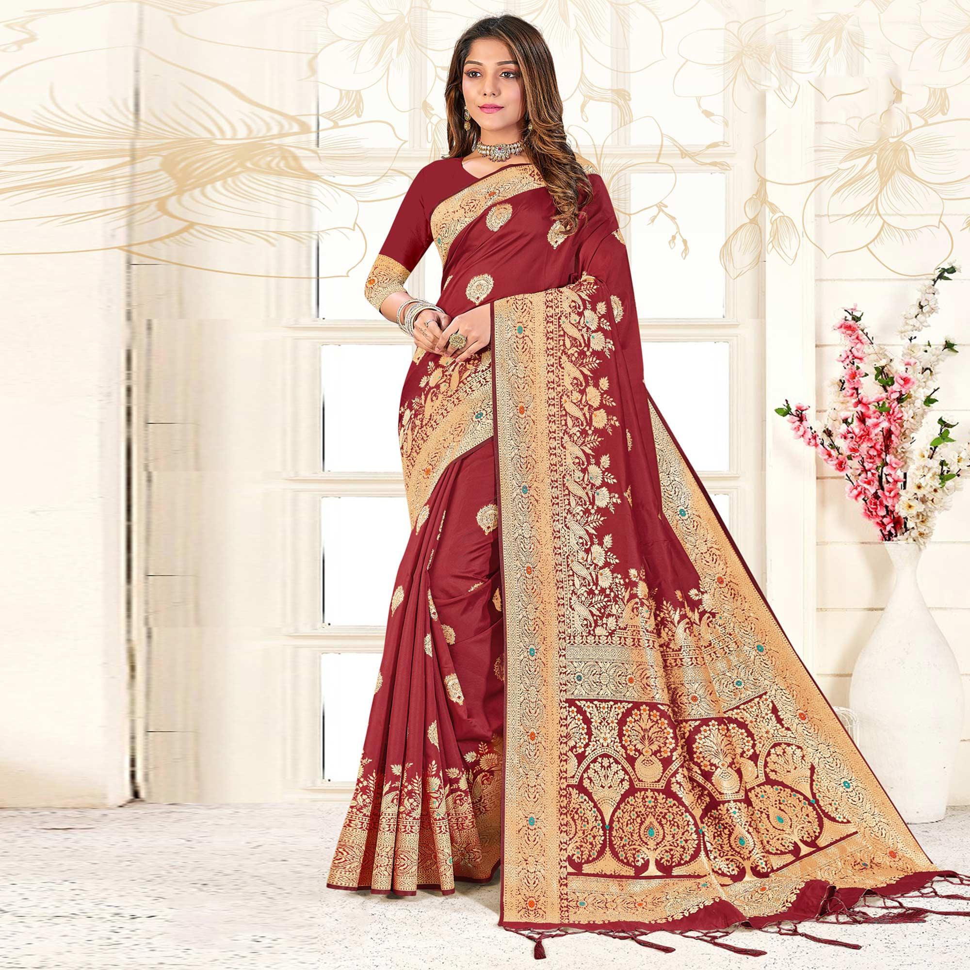 Maroon Festive Wear Woven Jari Border Soft Silk Saree - Peachmode