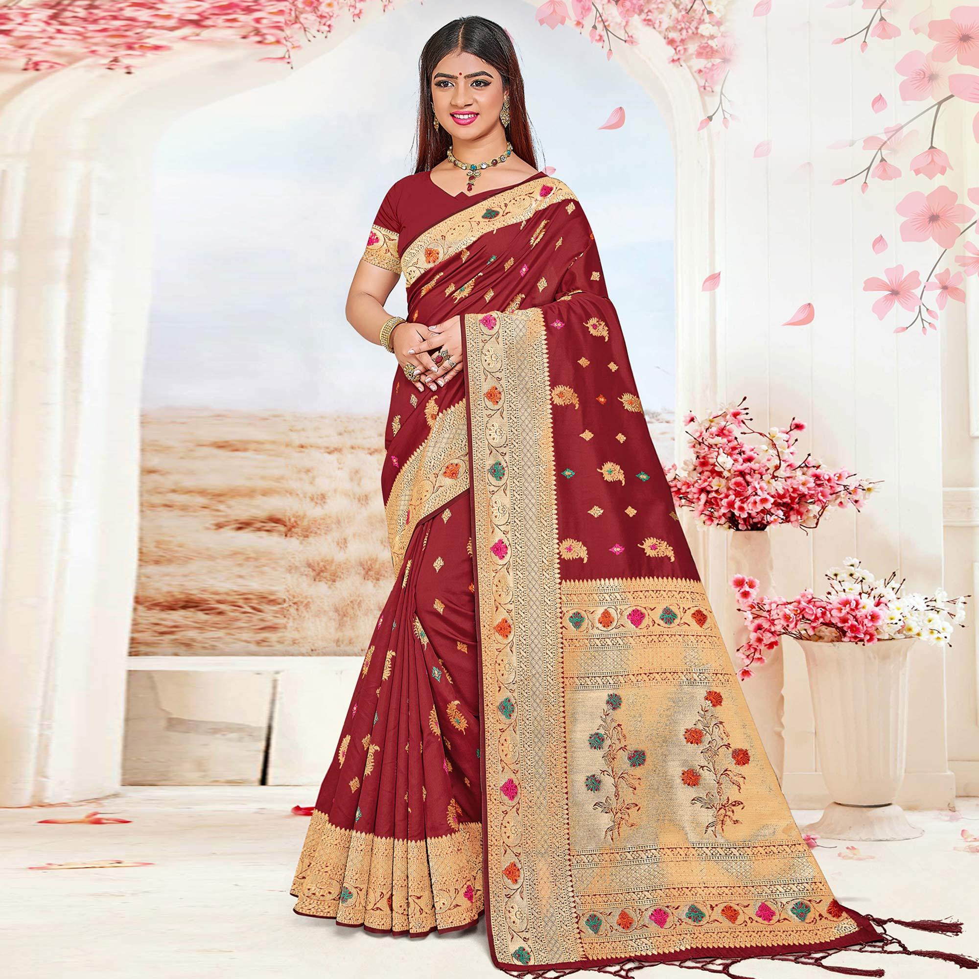 Maroon Festive Wear Woven Jari Border Soft Silk Saree - Peachmode