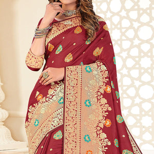 Maroon Festive Wear Woven Jari Border Soft Silk Saree - Peachmode